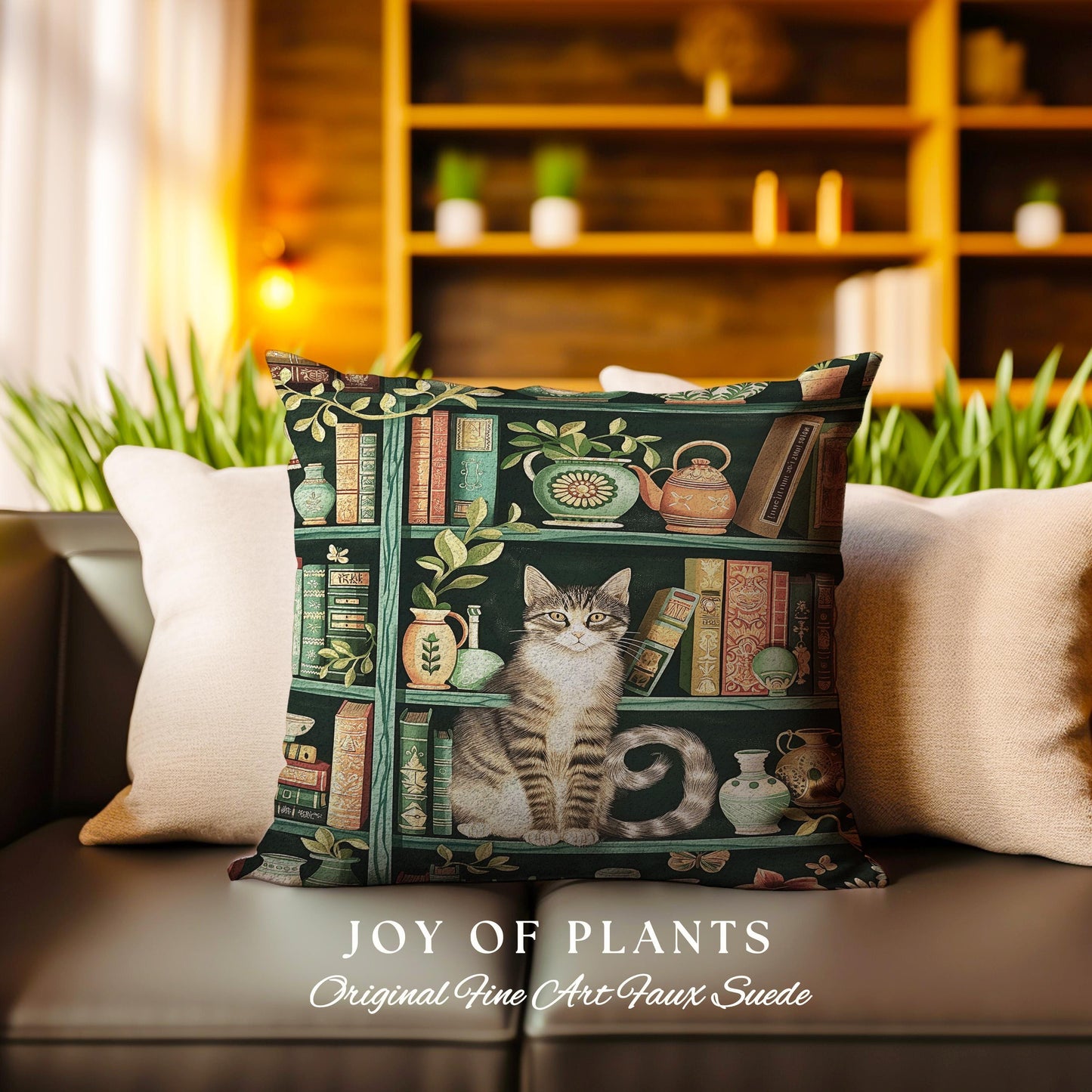 Retro Bookshelf Cat Pillow Botanical Academia Cottagecore Decor, Cozy Feline Library Theme Tapestry Pillow Whimsical Literary Aesthetic Gift