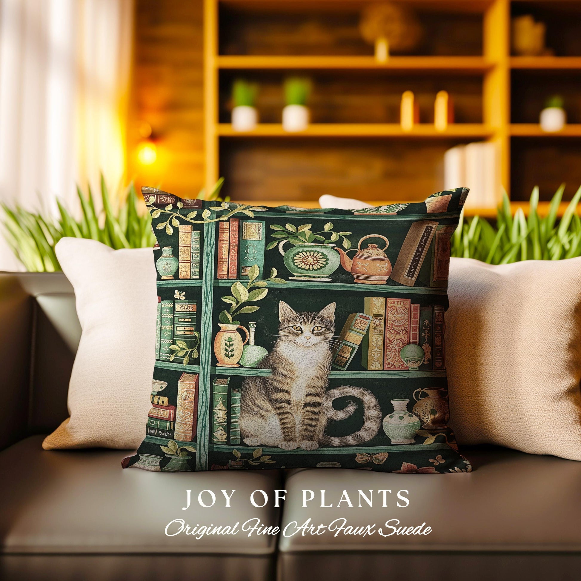 Retro Bookshelf Cat Pillow Botanical Academia Cottagecore Decor, Cozy Feline Library Theme Tapestry Pillow Whimsical Literary Aesthetic Gift