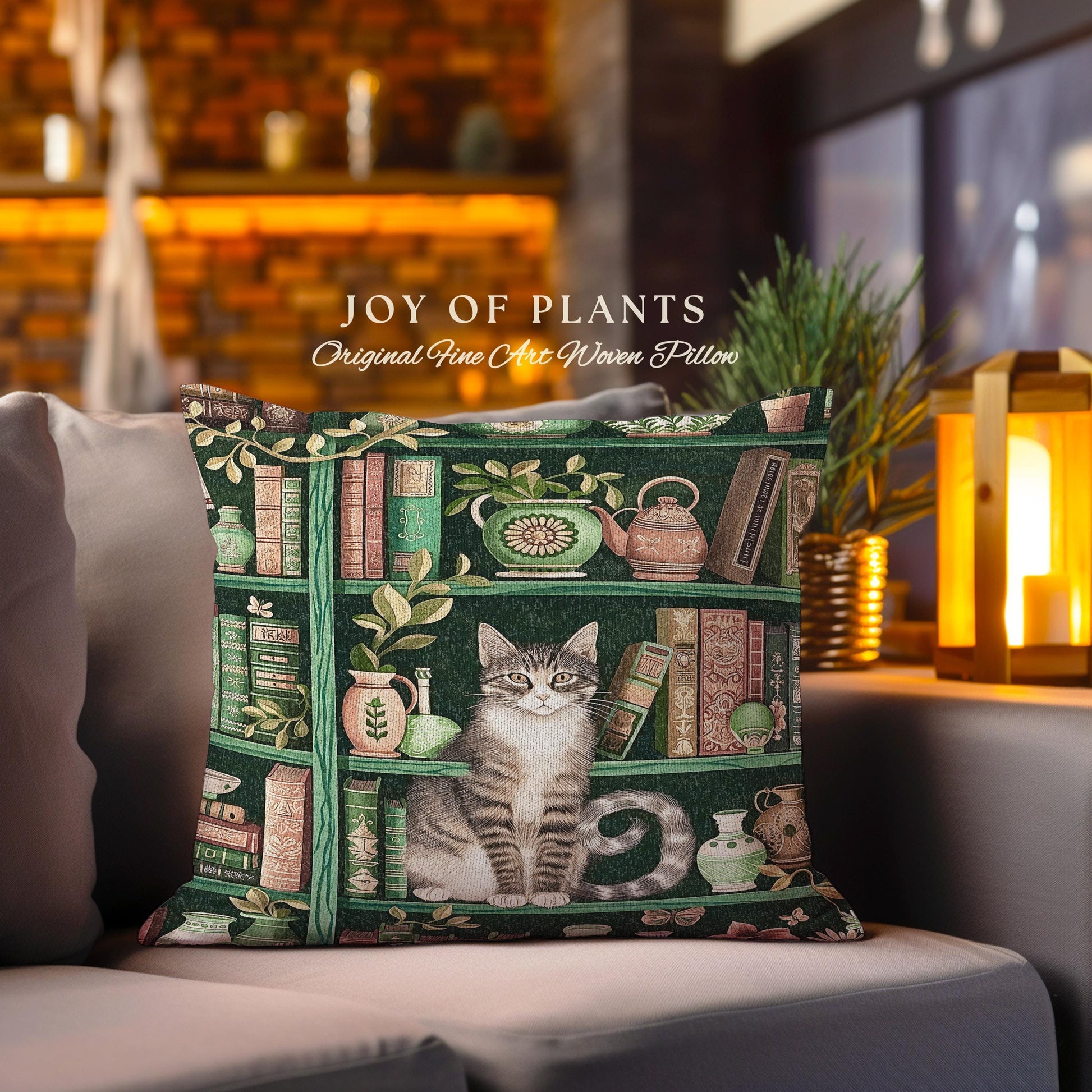 Retro Bookshelf Cat Pillow Botanical Academia Cottagecore Decor, Cozy Feline Library Theme Tapestry Pillow Whimsical Literary Aesthetic Gift