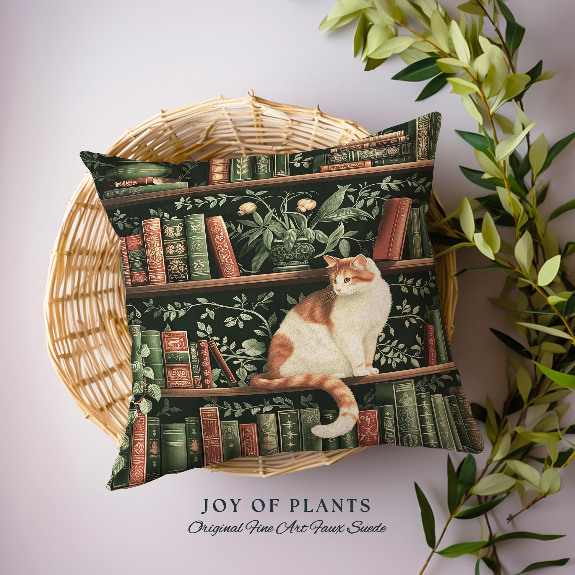 Victorian Gothic Cozy Cat Bookshelf Pillow | Fairycore Ethereal Bedroom Decor Reading Gift Dark Academia Woven Tapestry Wall Art Botanical