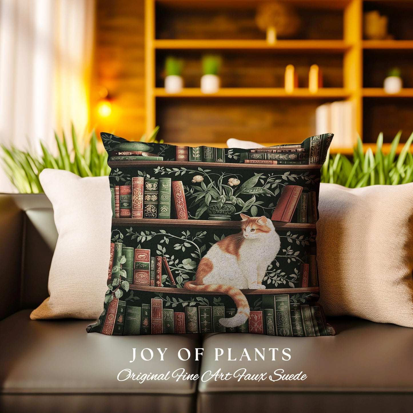 Victorian Gothic Cozy Cat Bookshelf Pillow | Fairycore Ethereal Bedroom Decor Reading Gift Dark Academia Woven Tapestry Wall Art Botanical