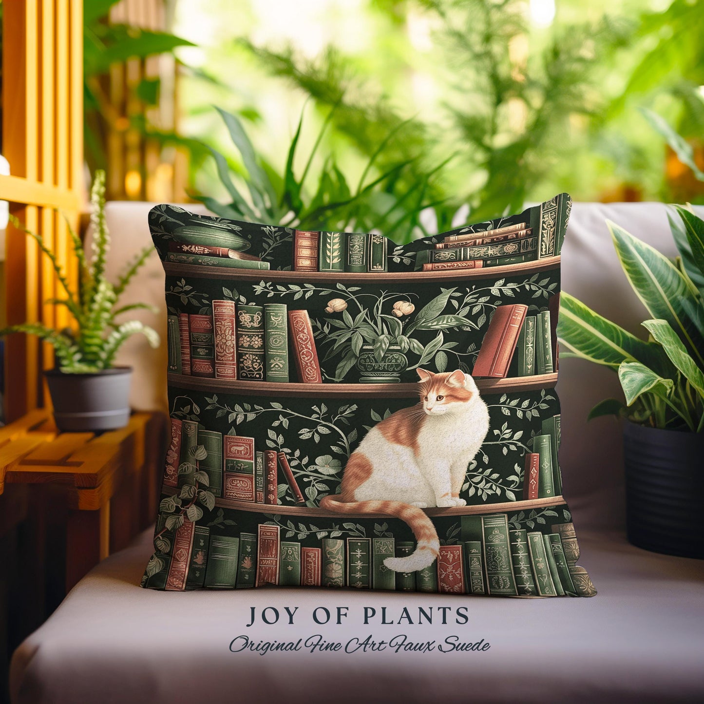 Victorian Gothic Cozy Cat Bookshelf Pillow | Fairycore Ethereal Bedroom Decor Reading Gift Dark Academia Woven Tapestry Wall Art Botanical