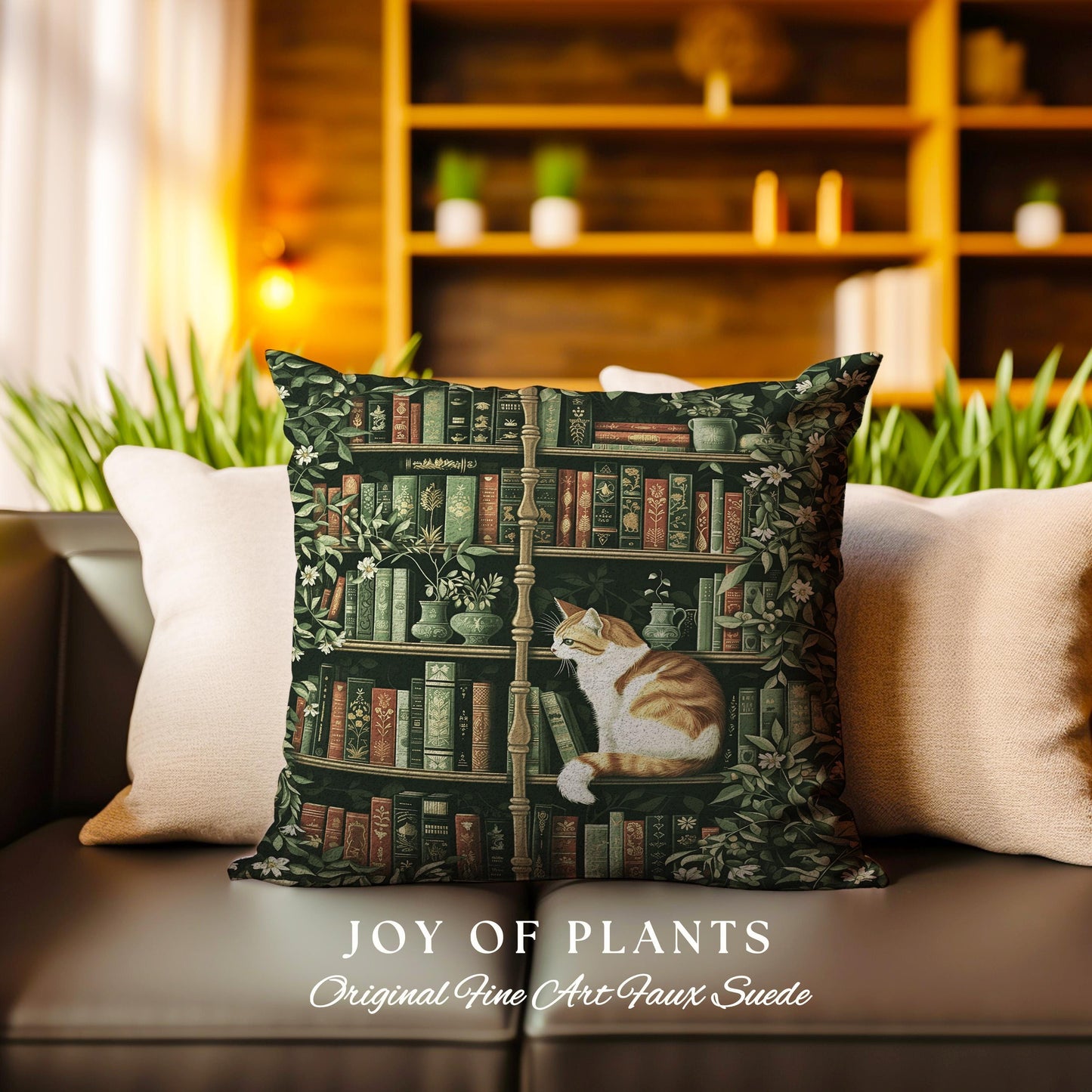 Whimsical Cat Bookshelf Pillow Dark Academia Botanical Cottagecore Style Decor Cozy Vintage Library Aesthetic Bookish Charm Tapestry Cushion
