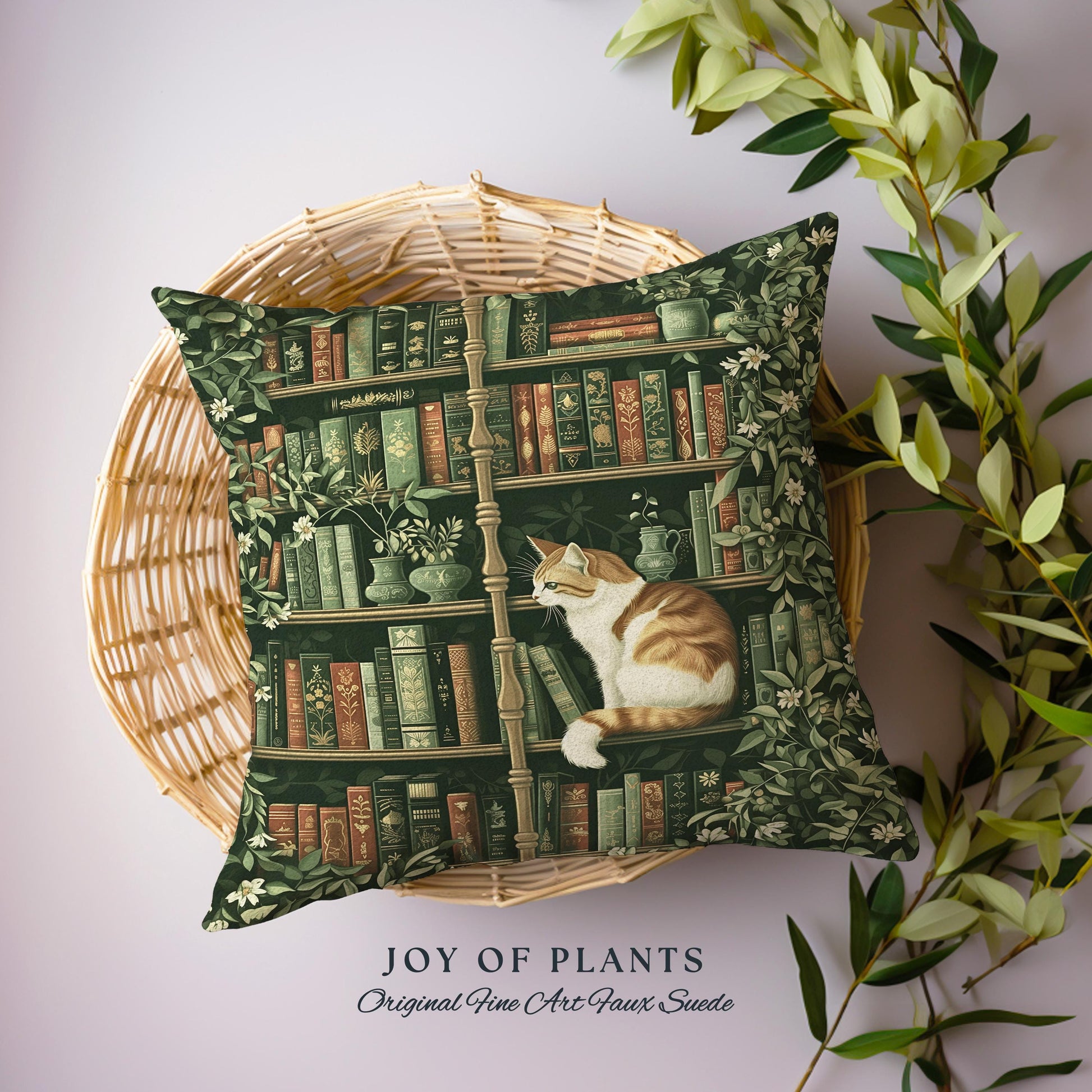 Whimsical Cat Bookshelf Pillow Dark Academia Botanical Cottagecore Style Decor Cozy Vintage Library Aesthetic Bookish Charm Tapestry Cushion