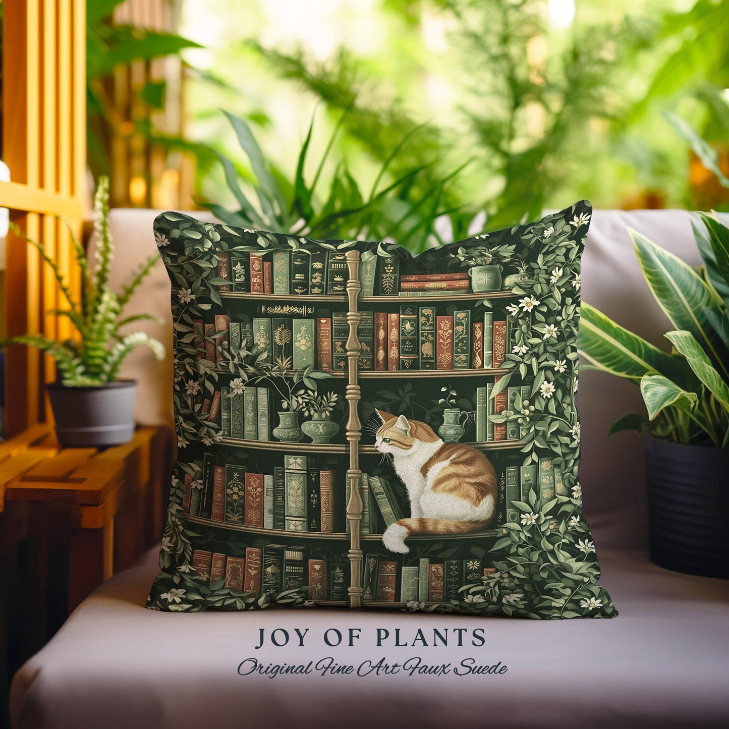 Whimsical Cat Bookshelf Pillow Dark Academia Botanical Cottagecore Style Decor Cozy Vintage Library Aesthetic Bookish Charm Tapestry Cushion