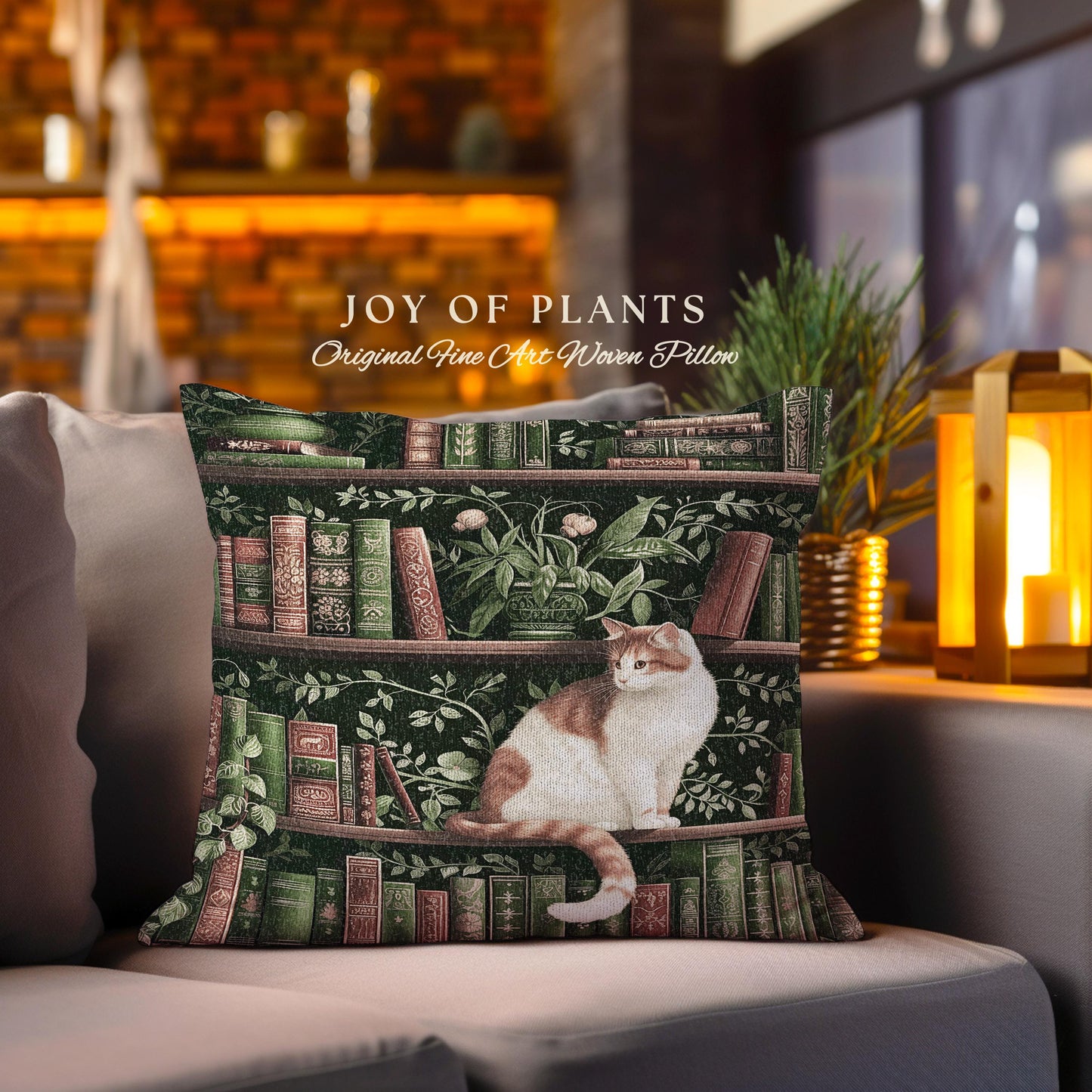 Victorian Gothic Cozy Cat Bookshelf Pillow | Fairycore Ethereal Bedroom Decor Reading Gift Dark Academia Woven Tapestry Wall Art Botanical