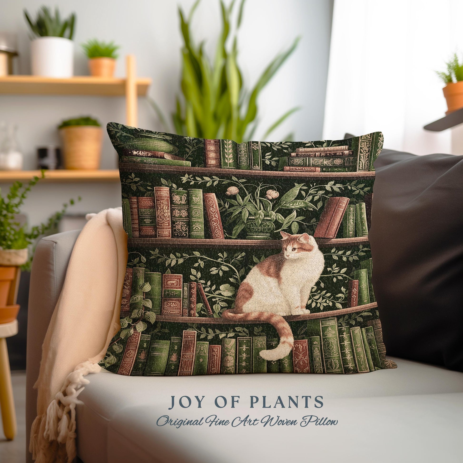 Victorian Gothic Cozy Cat Bookshelf Pillow | Fairycore Ethereal Bedroom Decor Reading Gift Dark Academia Woven Tapestry Wall Art Botanical