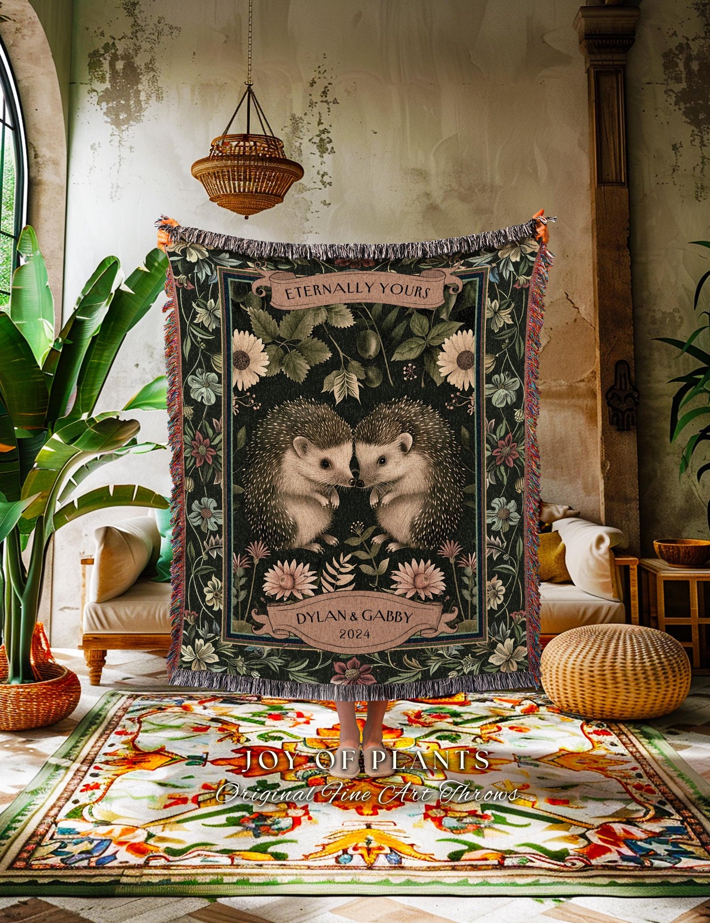 Custom Names Hedgehog Couple Blanket | Sentimental Anniversary Tapestry Woven Scandinavian Folk Wedding Custom Name Hedge Hog Gifts Floral