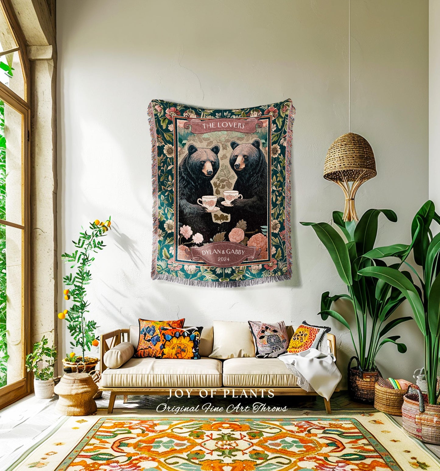 Cozy Aesthetic Bear Couple Custom Tapestry | Woodland Magic Personalized Wedding Anniversary Woven Tapestry Cute Gift Storybook Fairytale |