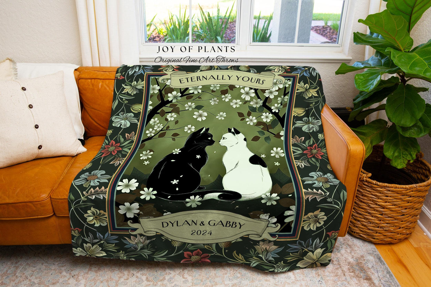 Fairytale Lovers Cat Couple Blanket Custom | Whimsical Woodland Aesthetic Woven Throw Custom His & Hers Dark Academia Gift for Girlfriend |