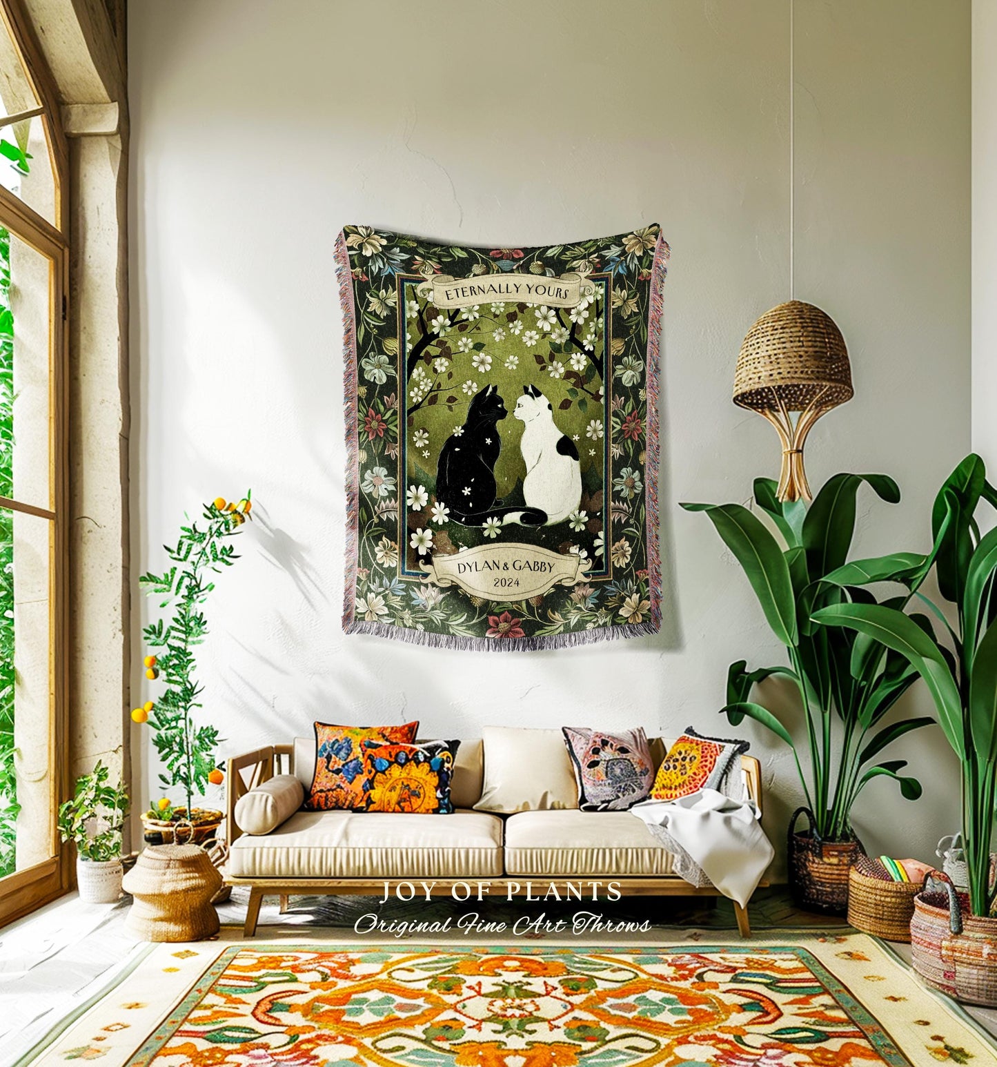 Fairytale Lovers Cat Couple Blanket Custom | Whimsical Woodland Aesthetic Woven Throw Custom His & Hers Dark Academia Gift for Girlfriend |