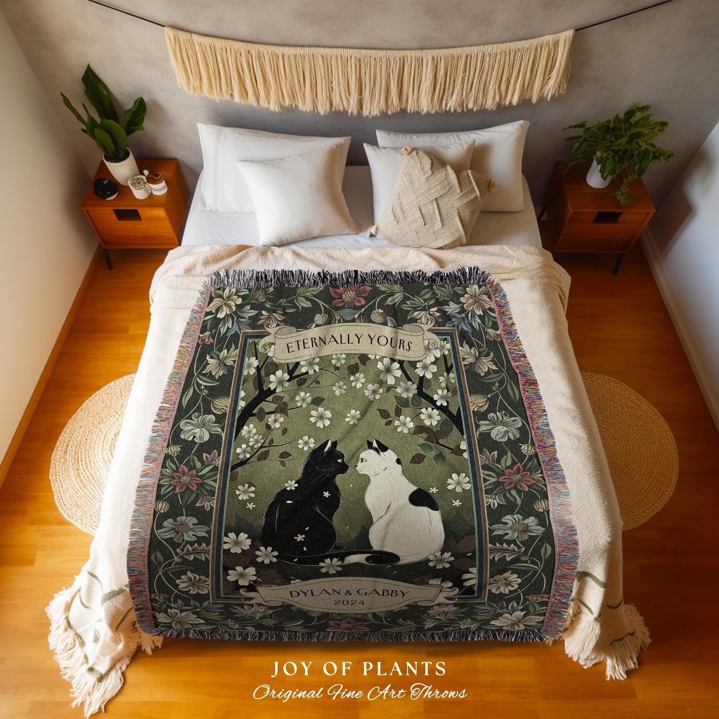 Fairytale Lovers Cat Couple Blanket Custom | Whimsical Woodland Aesthetic Woven Throw Custom His & Hers Dark Academia Gift for Girlfriend |