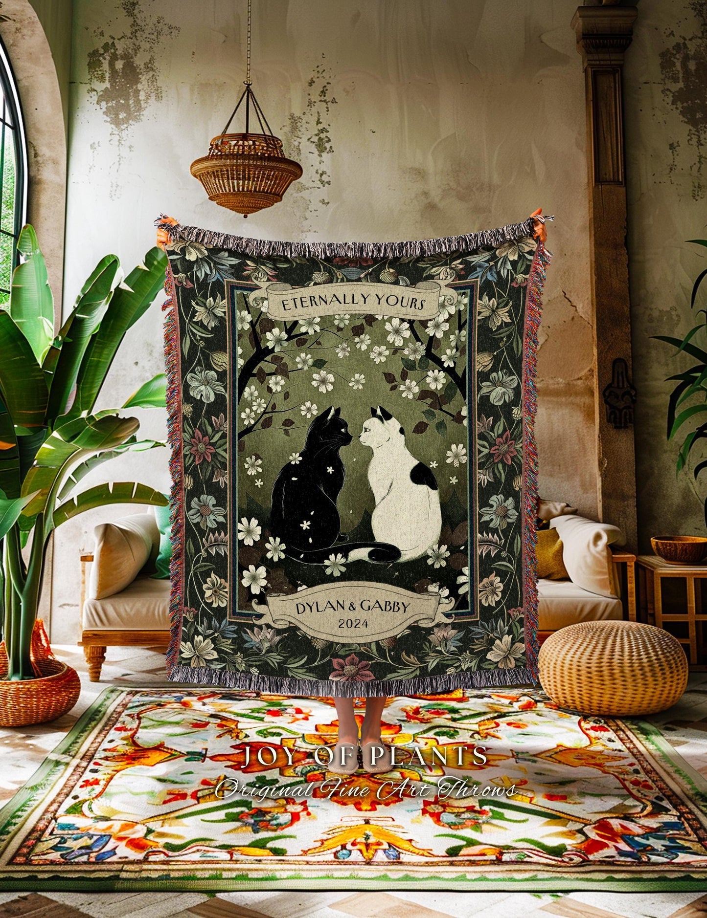 Fairytale Lovers Cat Couple Blanket Custom | Whimsical Woodland Aesthetic Woven Throw Custom His & Hers Dark Academia Gift for Girlfriend |