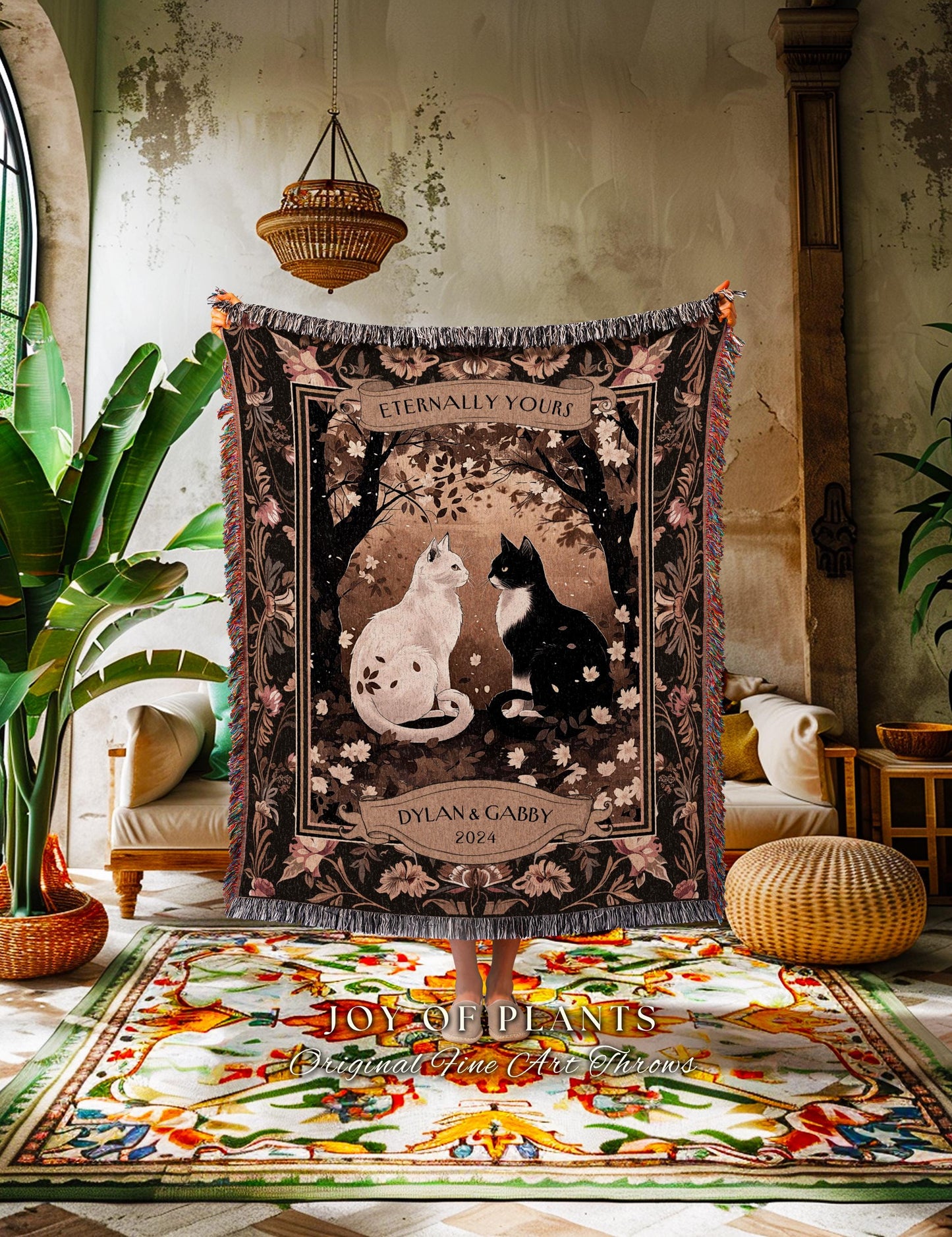 Eternally Yours Cat Couple Personalized Blanket | Dark Floral Woodland Aesthetic Woven Throw Custom Dark Academia Gift for Girlfriend Cute |