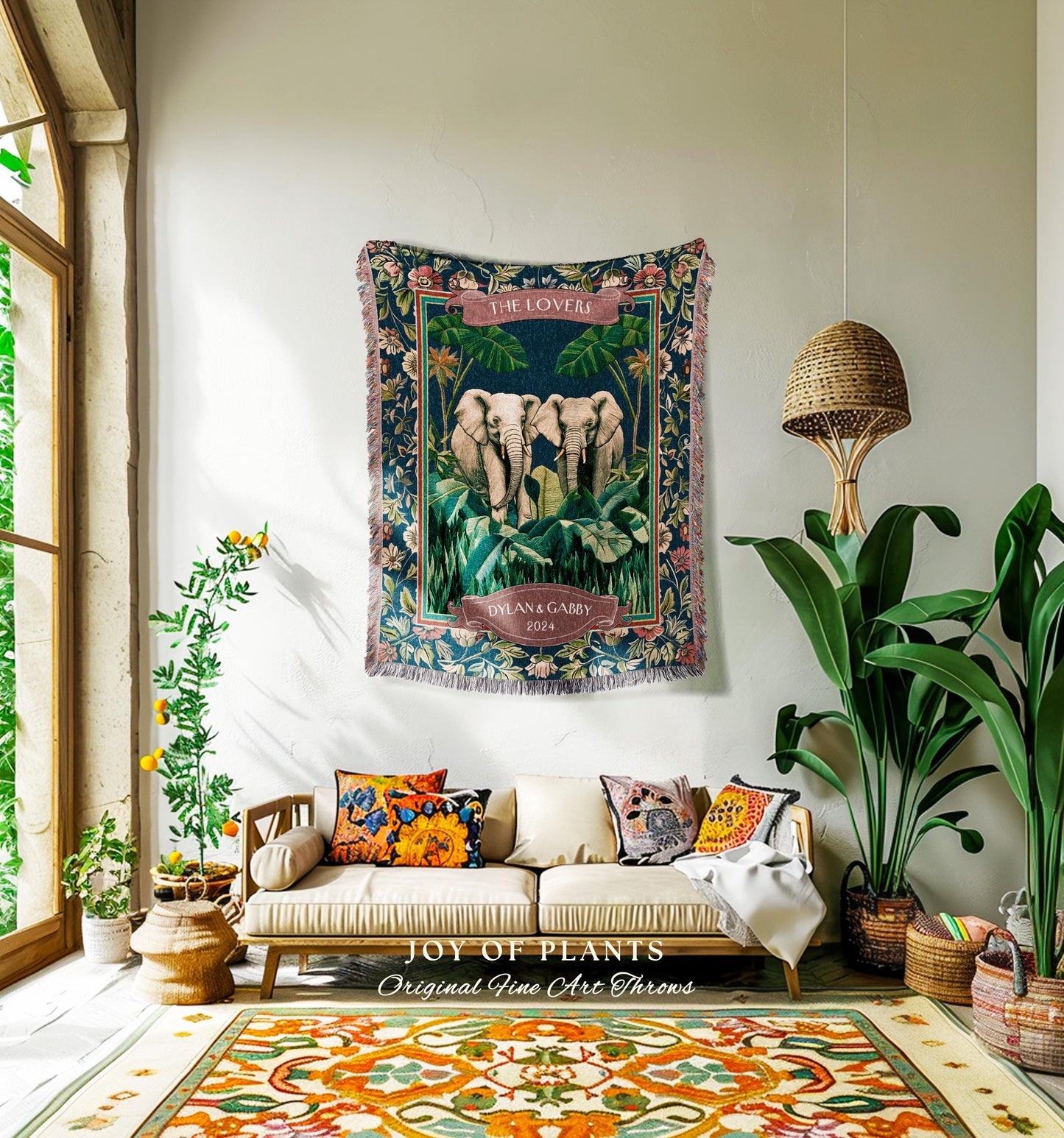 Tropical Botanical Elephant Couple Blanket | Jungle Tapestry Wedding Throw Personalized His & Hers Names Custom Anniversary Gift Cute Throw