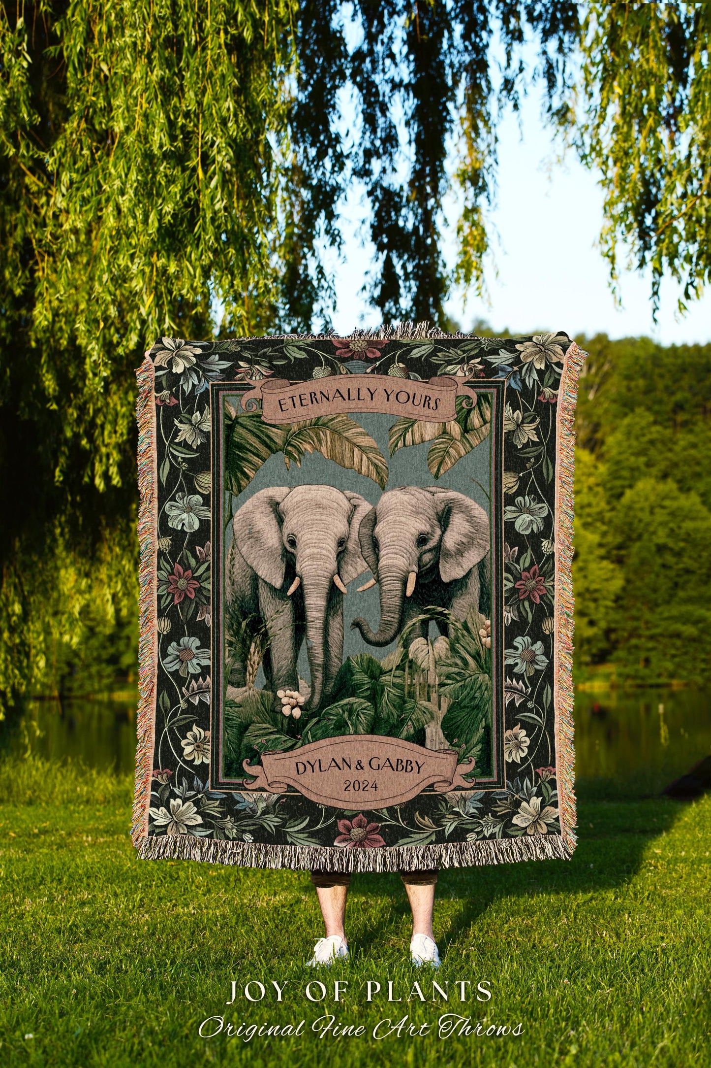 Romantic Outdoorsy Couple Tapestry Woven Cotton | Wedding Keepsake Throw Blanket Personalized His & Hers Names Custom Anniversary Botanical