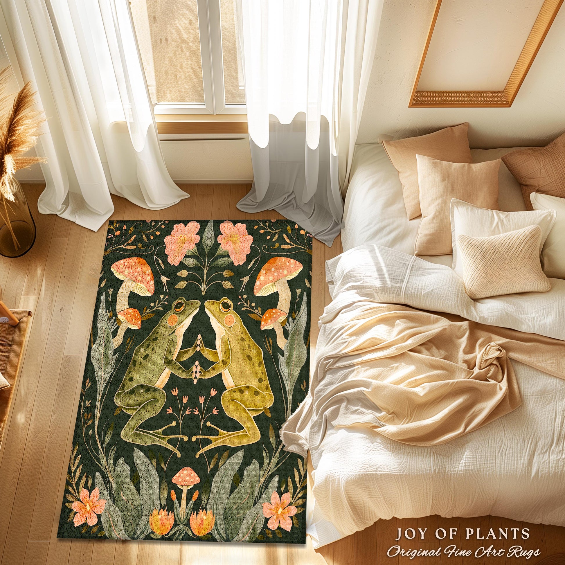 Scandinavian Frog & Toad Accent Rug | Folklore Cottagecore Rug Boho Floral Living Room Woodland Aesthetic Fairycore Nature Themes Nursery |