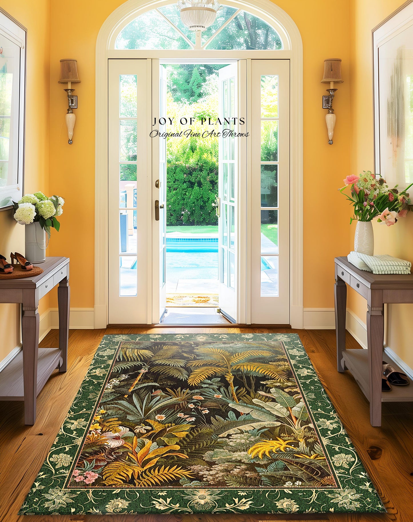 Maximalist Botanical Jungle Area Rug | Exotic Leaf Tropical Nature Theme Bedroom Decor Vintage Elegance Living Room Forest Floor Abstract |