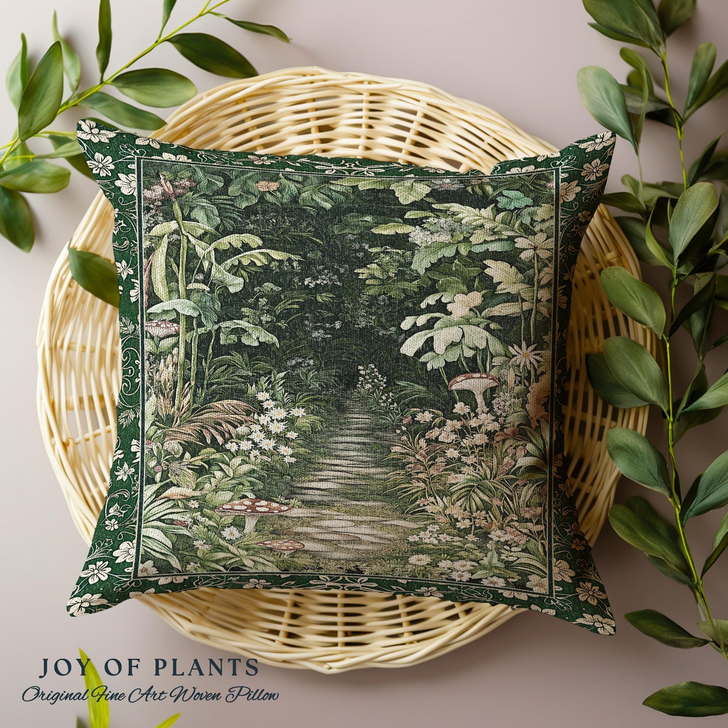 Soft Green Woodland Throw Pillow for Bedroom | Fairycore Woodland Nature Lover Book Nook Cozy Earthy Tapestry Accent Pillow Jungle Whimsical