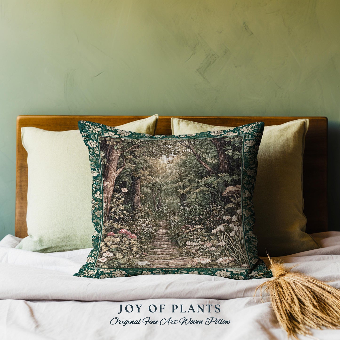 Botanical Bedroom Throw Pillow Fairycore | Woodland Mushroom Aesthetic Nature Lover Book Nook Tapestry Pillow Woven Emerald Green Decor |