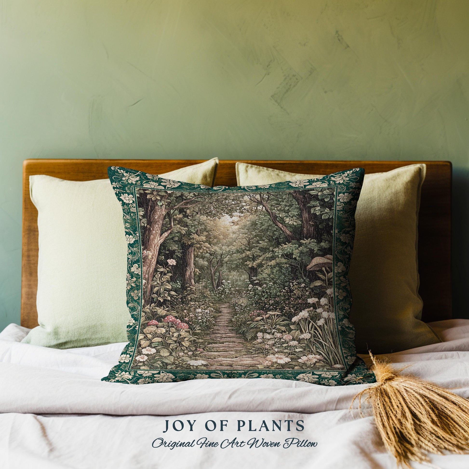Botanical Bedroom Throw Pillow Fairycore | Woodland Mushroom Aesthetic Nature Lover Book Nook Tapestry Pillow Woven Emerald Green Decor |