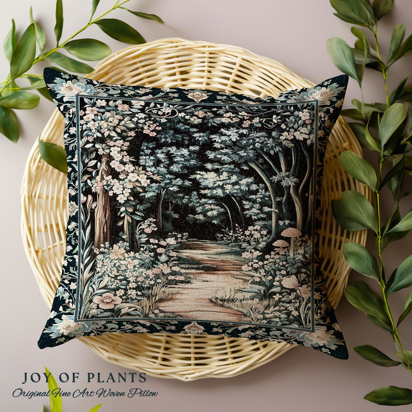 Dreamy Forest Landscape Botanical Pillow | Misty Forest Dark Cottagecore Aesthetic Fairycore Book Nook Woven Cushion Magical Jungle Decor |