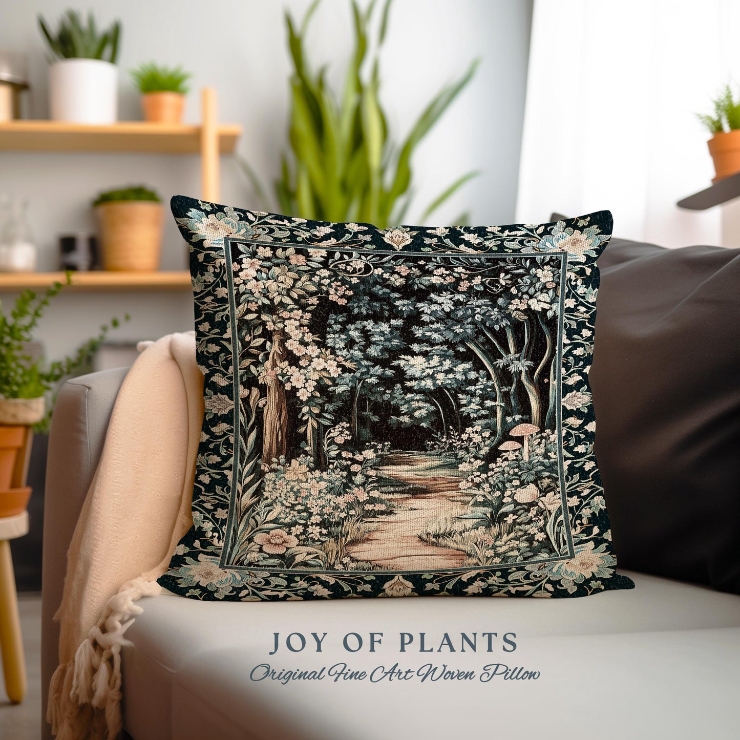 Dreamy Forest Landscape Botanical Pillow | Misty Forest Dark Cottagecore Aesthetic Fairycore Book Nook Woven Cushion Magical Jungle Decor |