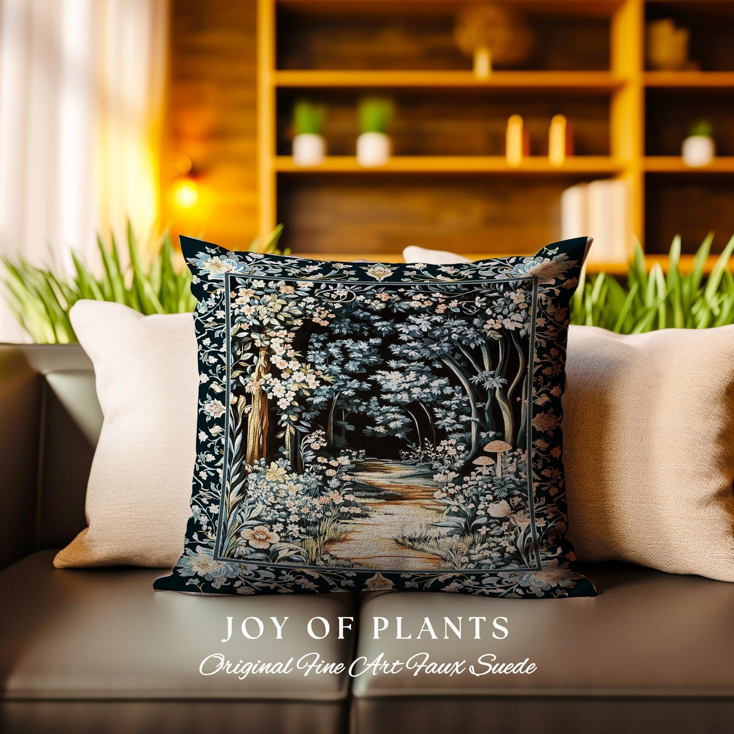 Dreamy Forest Landscape Botanical Pillow | Misty Forest Dark Cottagecore Aesthetic Fairycore Book Nook Woven Cushion Magical Jungle Decor |