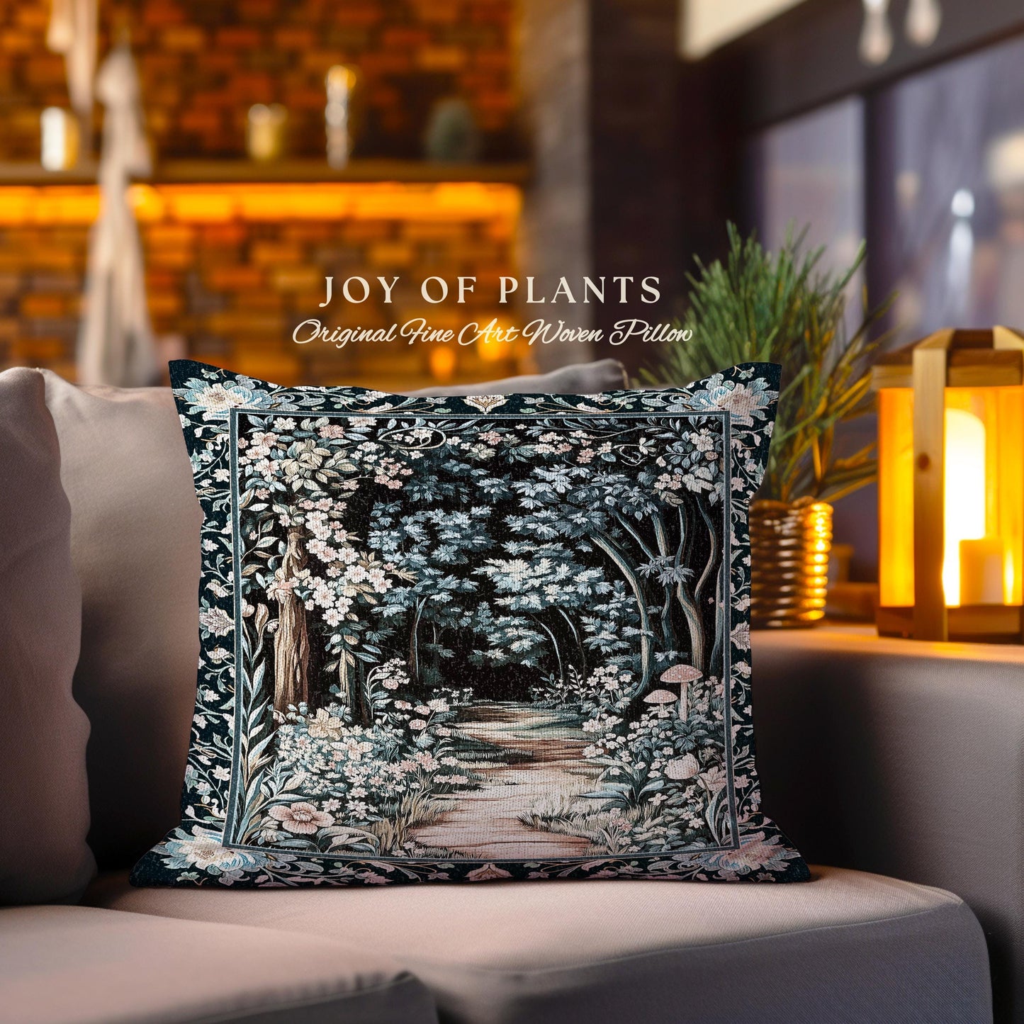 Dreamy Forest Landscape Botanical Pillow | Misty Forest Dark Cottagecore Aesthetic Fairycore Book Nook Woven Cushion Magical Jungle Decor |