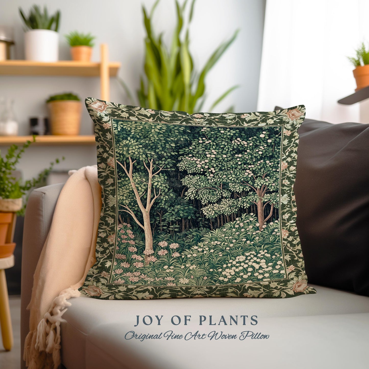 Medieval Forest Botanical Accent Pillow | Woodland Botanical Emerald Green Vintage Aesthetic Mystic Book Nook Cushion Magical Bedroom Theme