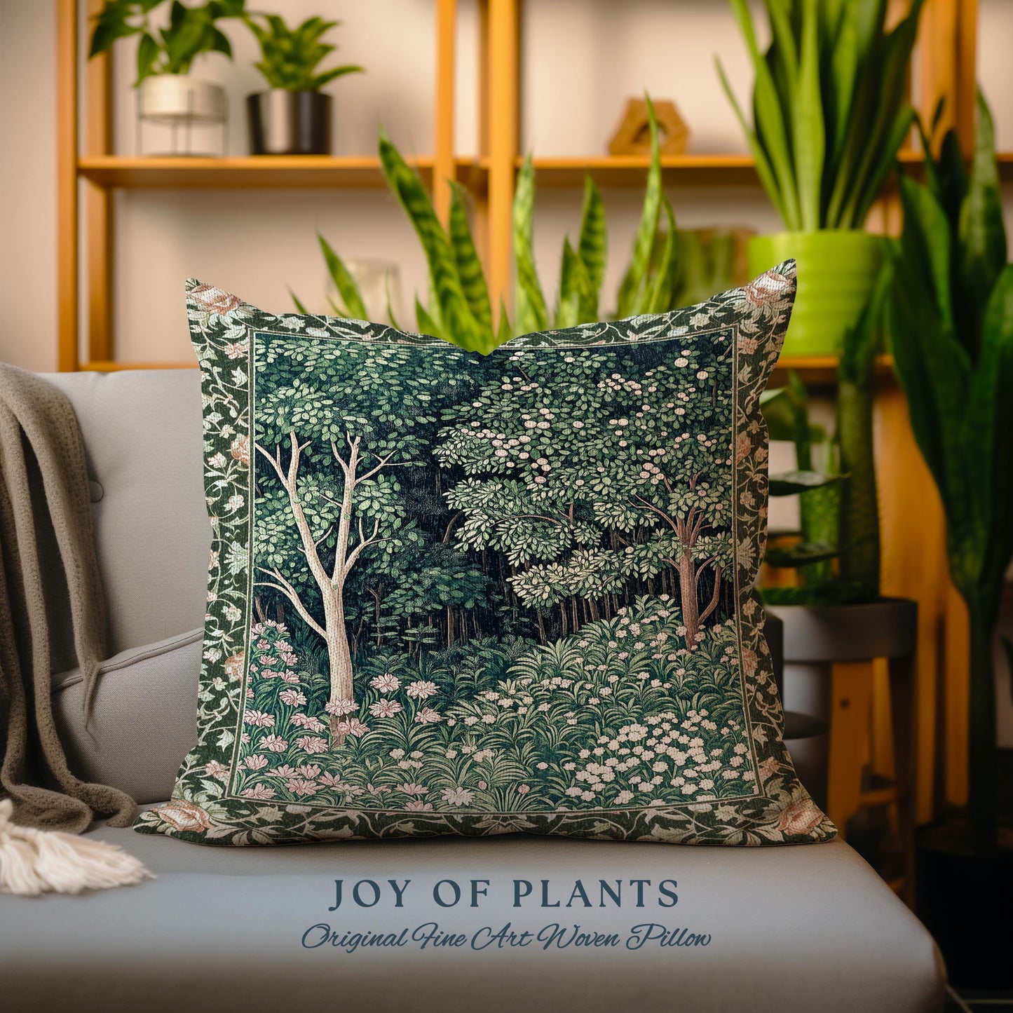 Medieval Forest Botanical Accent Pillow | Woodland Botanical Emerald Green Vintage Aesthetic Mystic Book Nook Cushion Magical Bedroom Theme