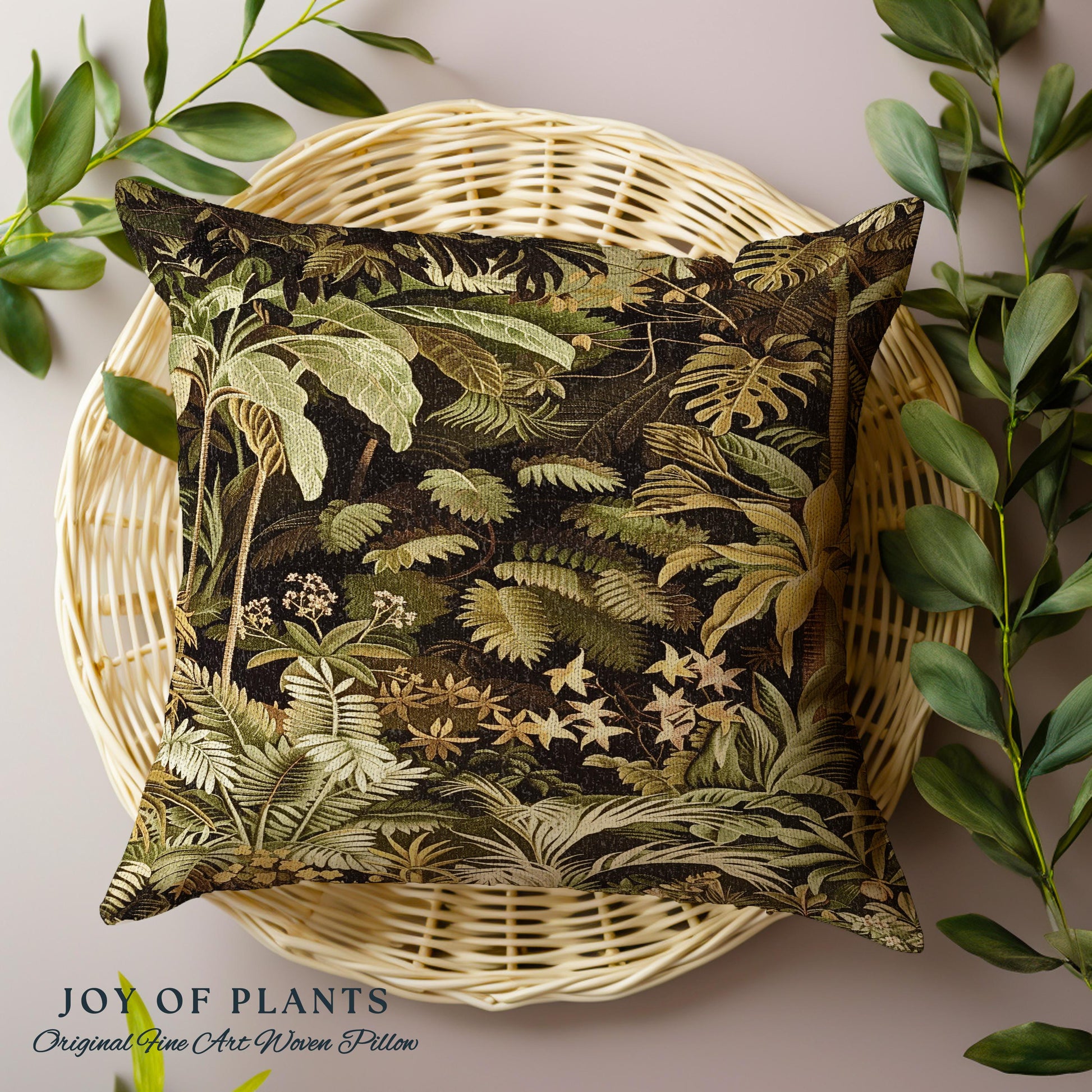 Moody Botanical Jungle Leaves Pillow | Eclectic Green Maximalist Bedroom Decor Whimsigoth Vintage Botanical Nature Living Room Forest Theme