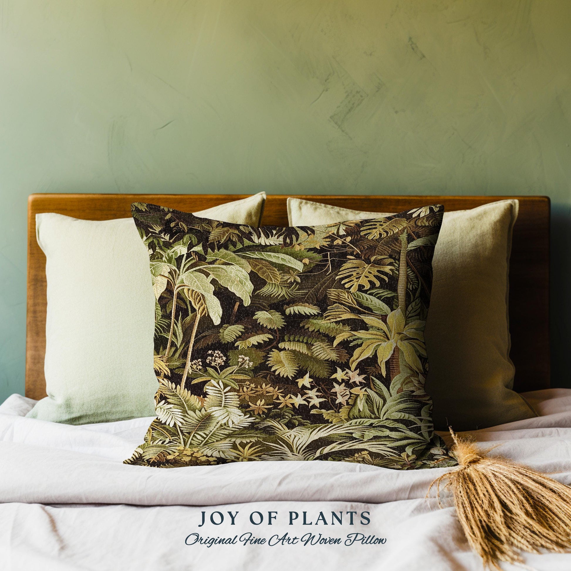 Moody Botanical Jungle Leaves Pillow | Eclectic Green Maximalist Bedroom Decor Whimsigoth Vintage Botanical Nature Living Room Forest Theme