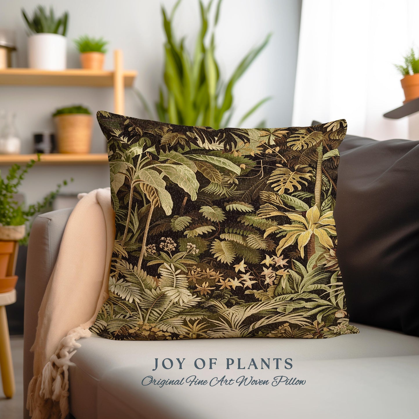 Moody Botanical Jungle Leaves Pillow | Eclectic Green Maximalist Bedroom Decor Whimsigoth Vintage Botanical Nature Living Room Forest Theme