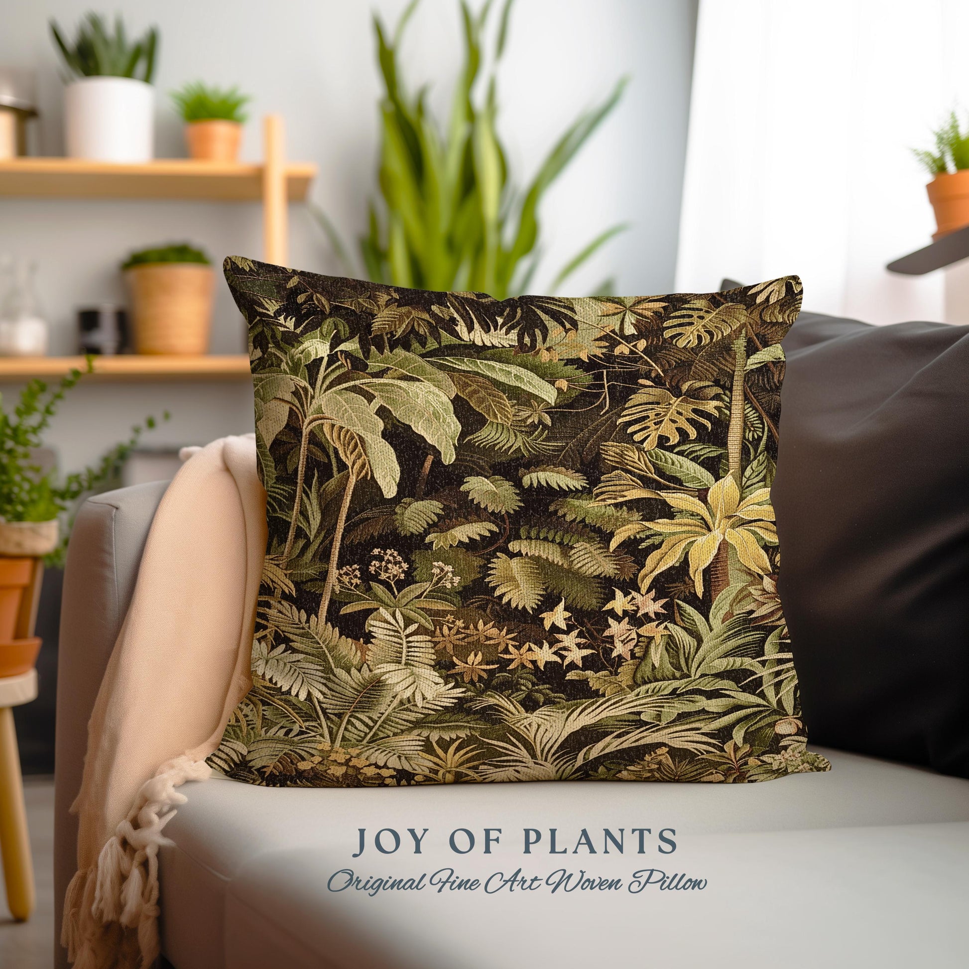 Moody Botanical Jungle Leaves Pillow | Eclectic Green Maximalist Bedroom Decor Whimsigoth Vintage Botanical Nature Living Room Forest Theme