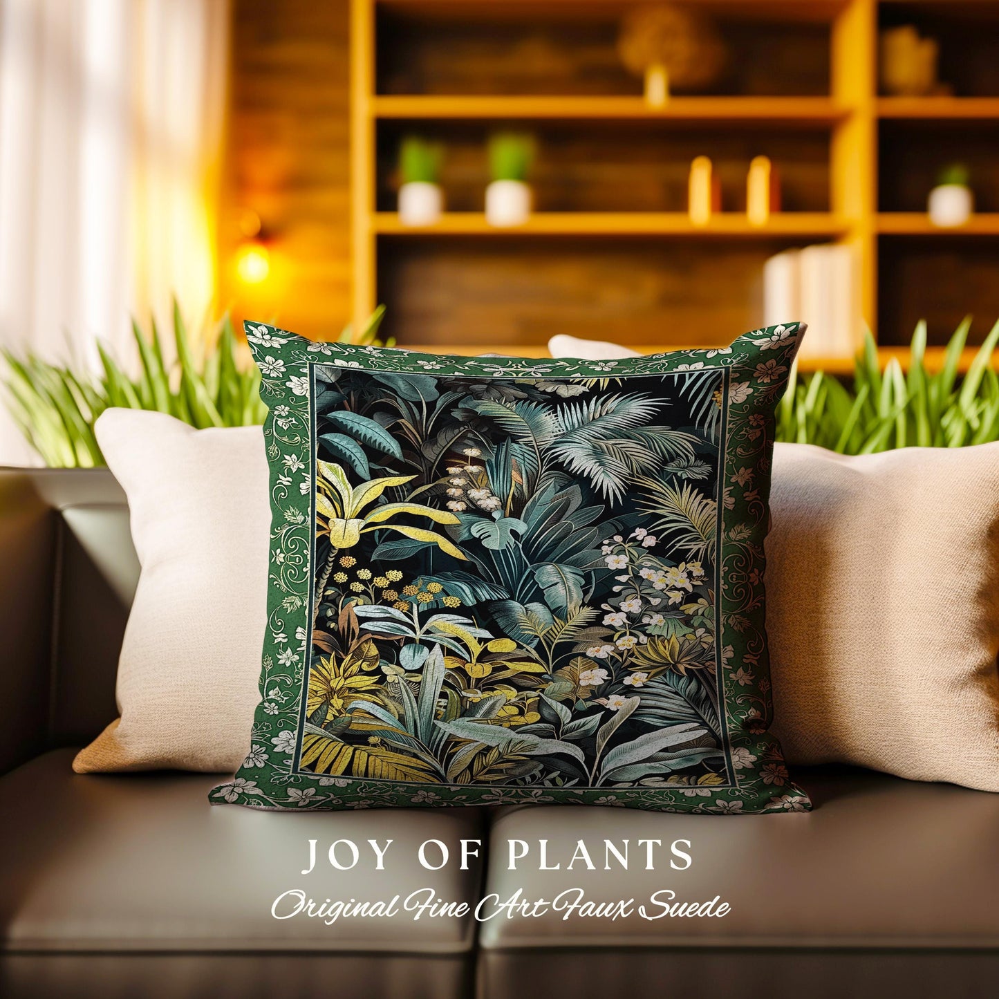 Jungle Leaves Botanical Woven Pillow | Tropical Jungle Nature Lover Book Nook Cozy Plant Lover Boho Bedroom Decor Elegant Tapestry Cushion |