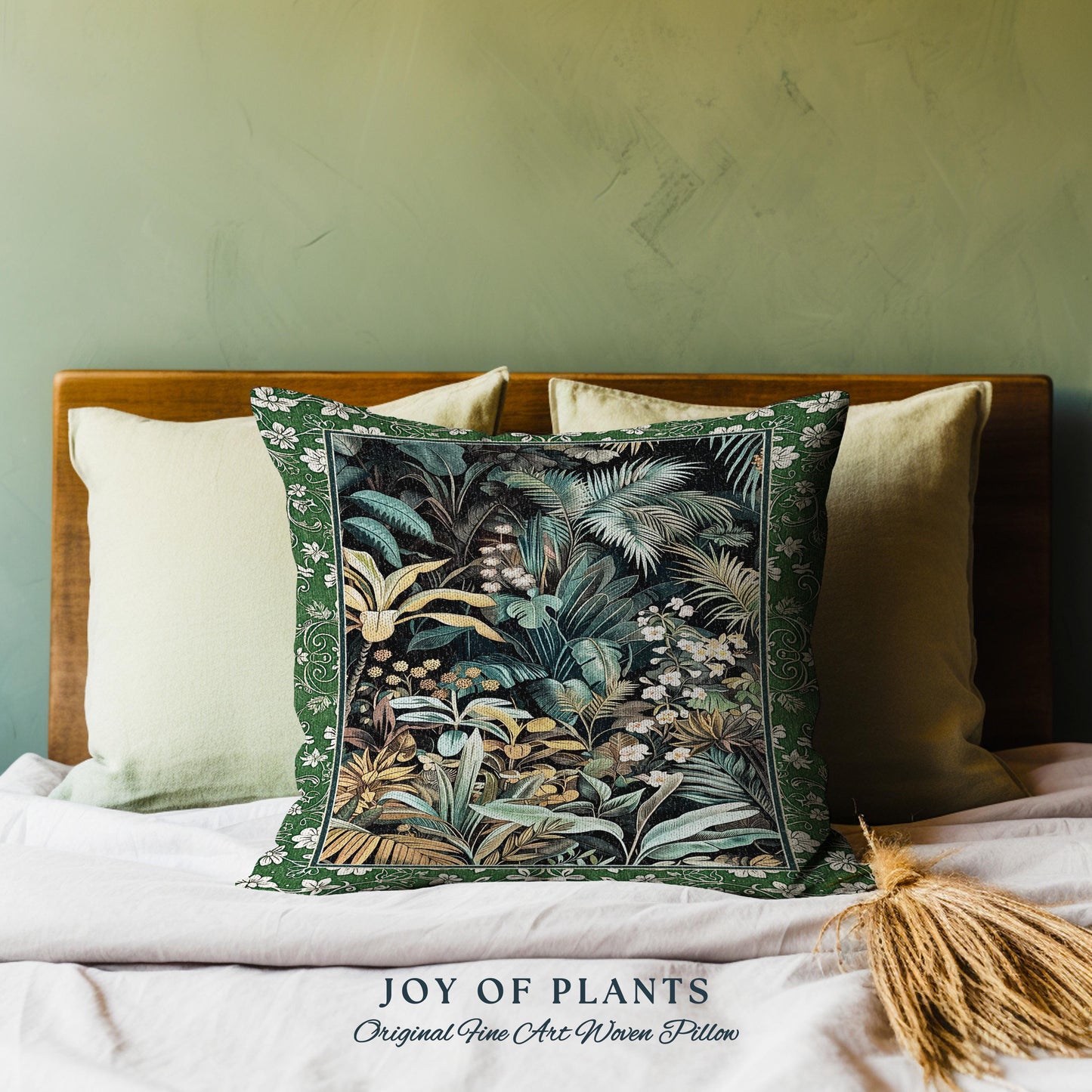 Jungle Leaves Botanical Woven Pillow | Tropical Jungle Nature Lover Book Nook Cozy Plant Lover Boho Bedroom Decor Elegant Tapestry Cushion |