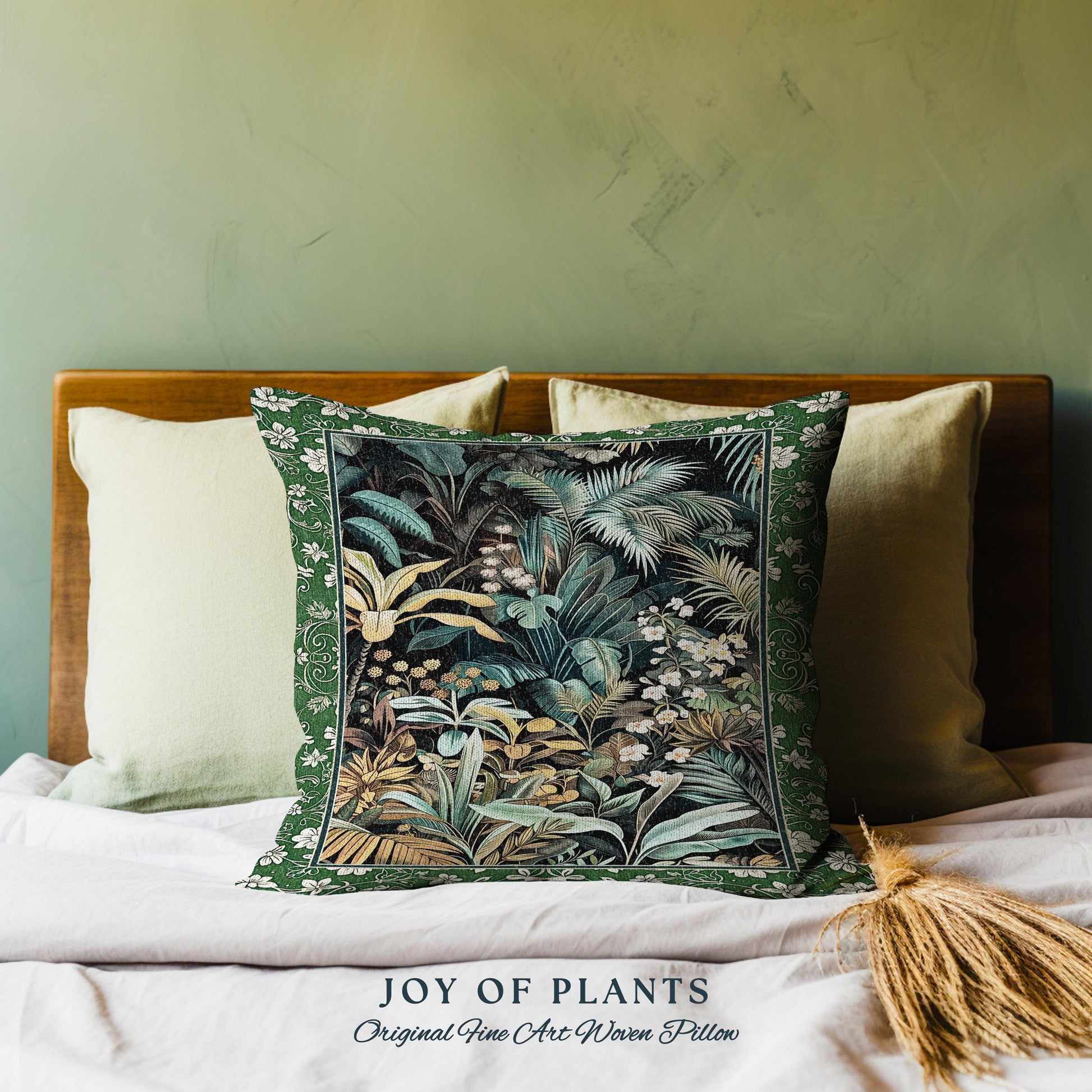 Jungle Leaves Botanical Woven Pillow | Tropical Jungle Nature Lover Book Nook Cozy Plant Lover Boho Bedroom Decor Elegant Tapestry Cushion |