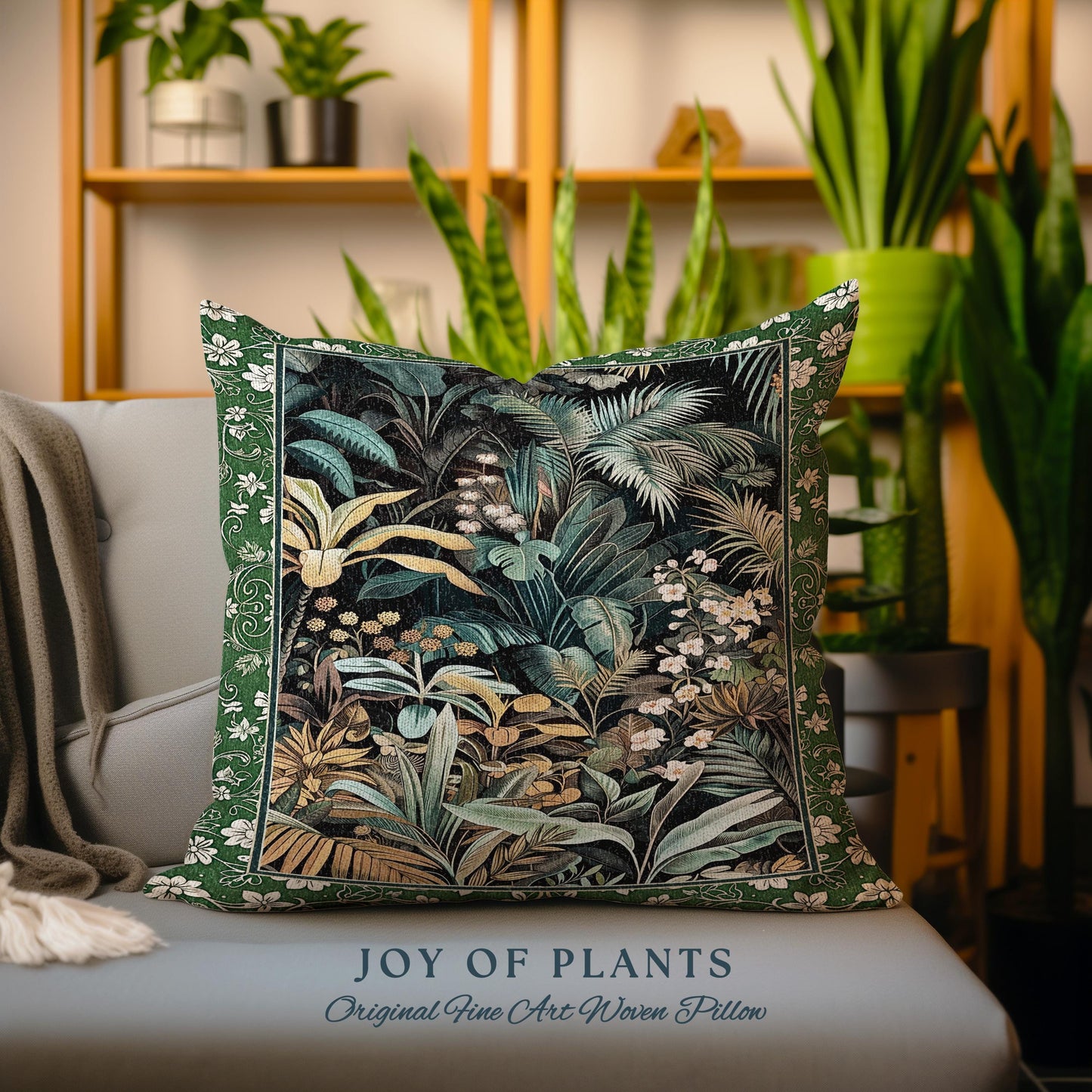 Jungle Leaves Botanical Woven Pillow | Tropical Jungle Nature Lover Book Nook Cozy Plant Lover Boho Bedroom Decor Elegant Tapestry Cushion |