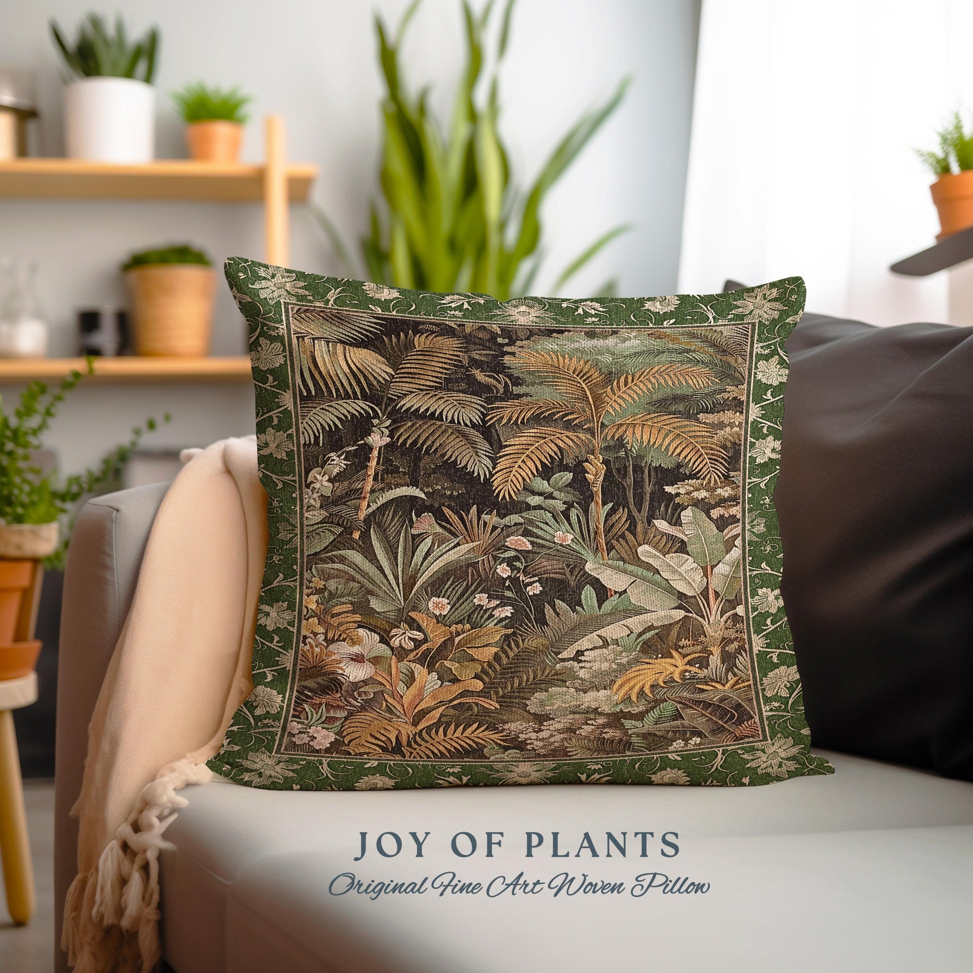 Maximalist Botanical Jungle Throw Pillow | Exotic Leaf Tropical Nature Theme Bedroom Decor Vintage Elegance Living Room Forest Cushion |