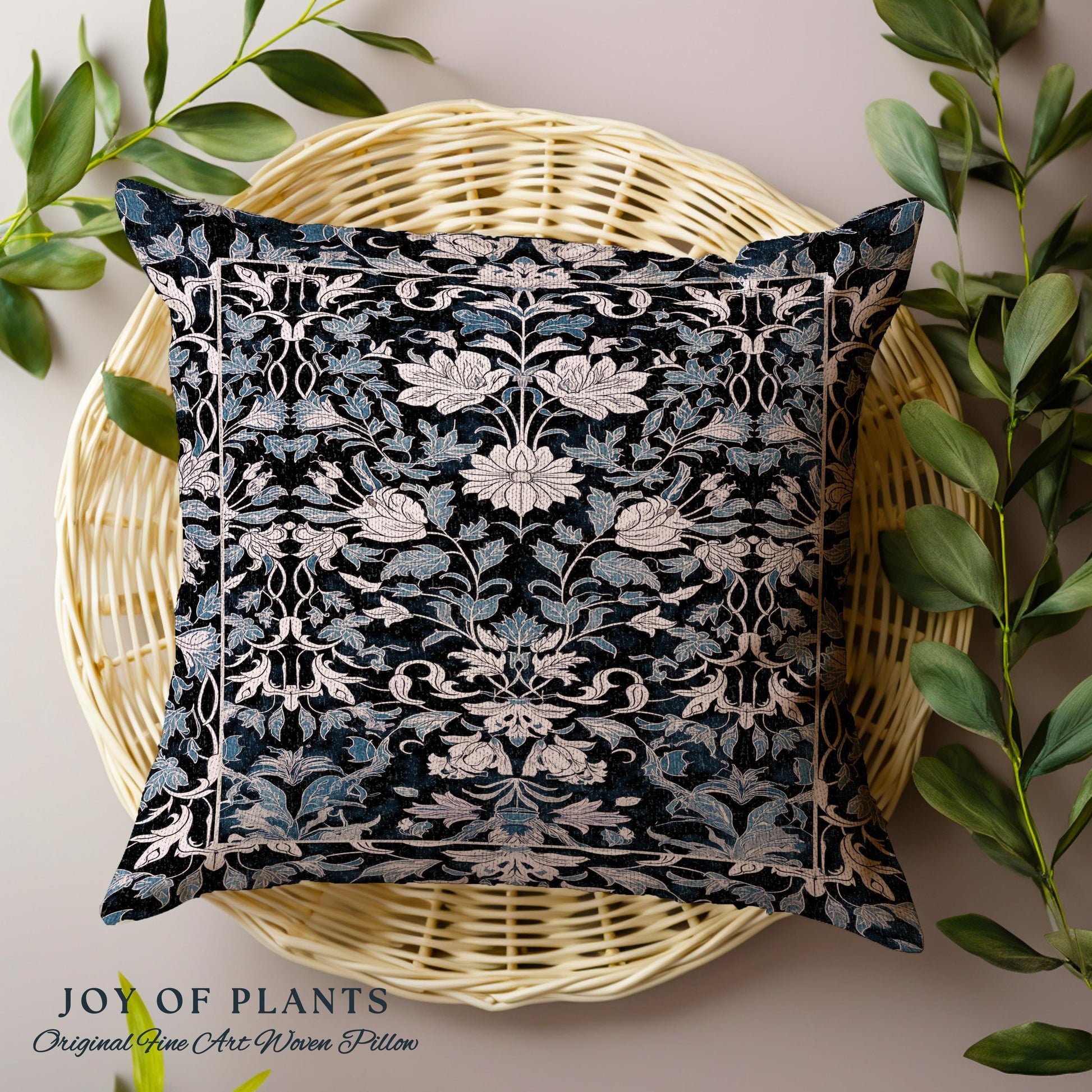 Elegant Fairycore Floral Pillow Woven | Ornate Renaissance Style Art Deco Aesthetic Purple Dark Botanical Cushion William Morris Inspired