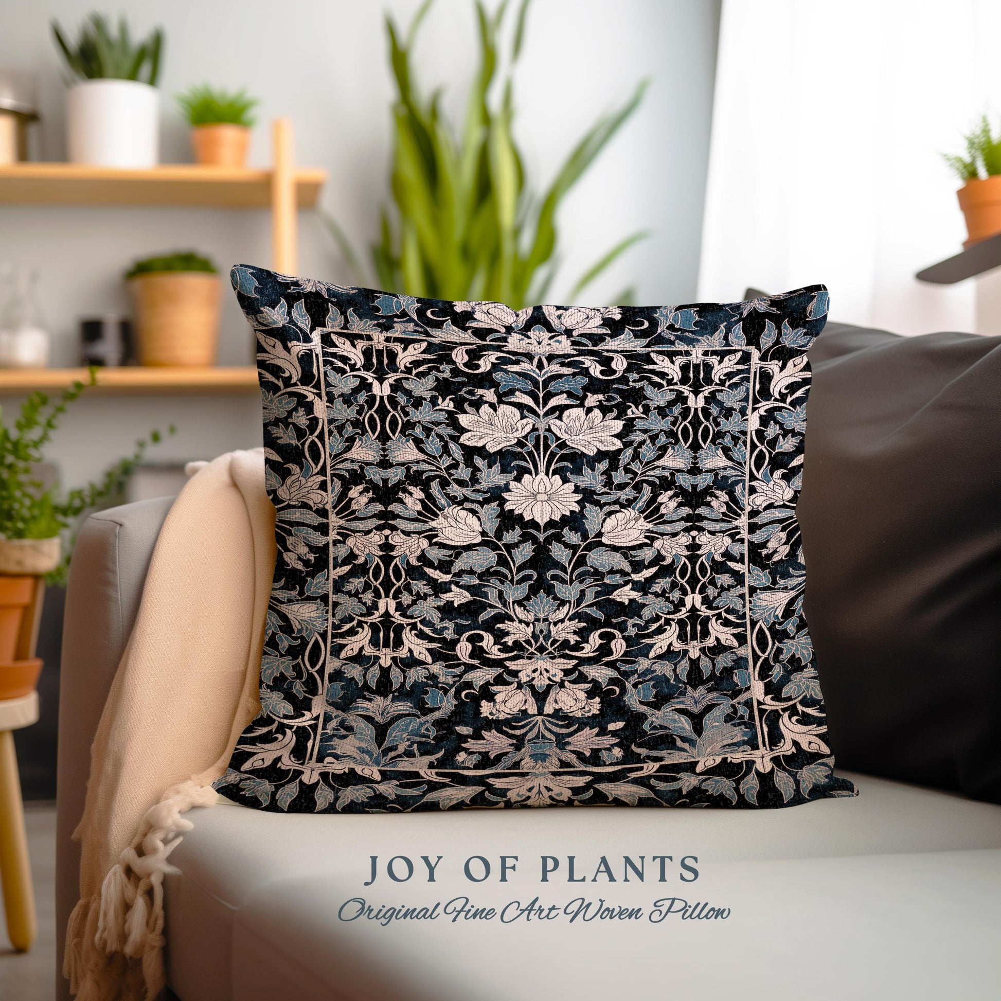 Elegant Fairycore Floral Pillow Woven | Ornate Renaissance Style Art Deco Aesthetic Purple Dark Botanical Cushion William Morris Inspired