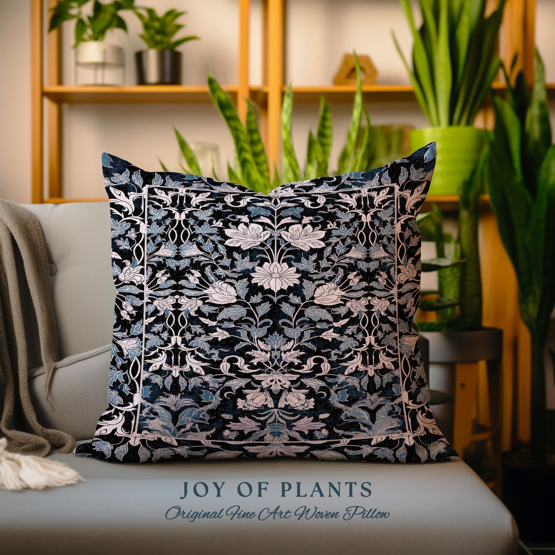 Elegant Fairycore Floral Pillow Woven | Ornate Renaissance Style Art Deco Aesthetic Purple Dark Botanical Cushion William Morris Inspired