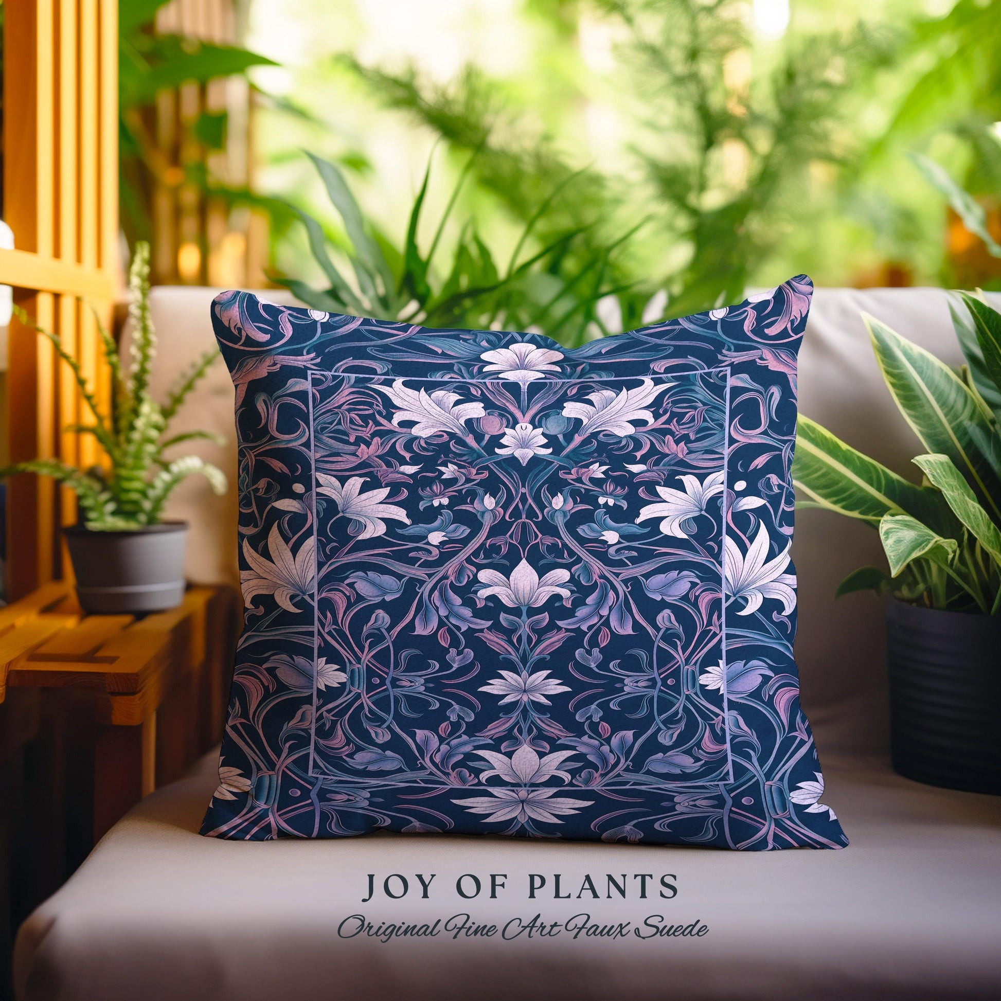 Colorful Floral Throw Pillow Whimsical | Ornate Renaissance Style Art Deco Aesthetic Purple Dark Botanical Tapestry Cushion Morris Inspired