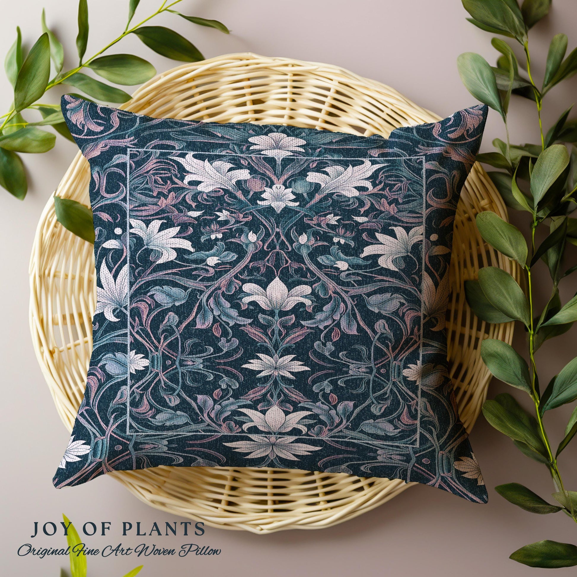 Colorful Floral Throw Pillow Whimsical | Ornate Renaissance Style Art Deco Aesthetic Purple Dark Botanical Tapestry Cushion Morris Inspired