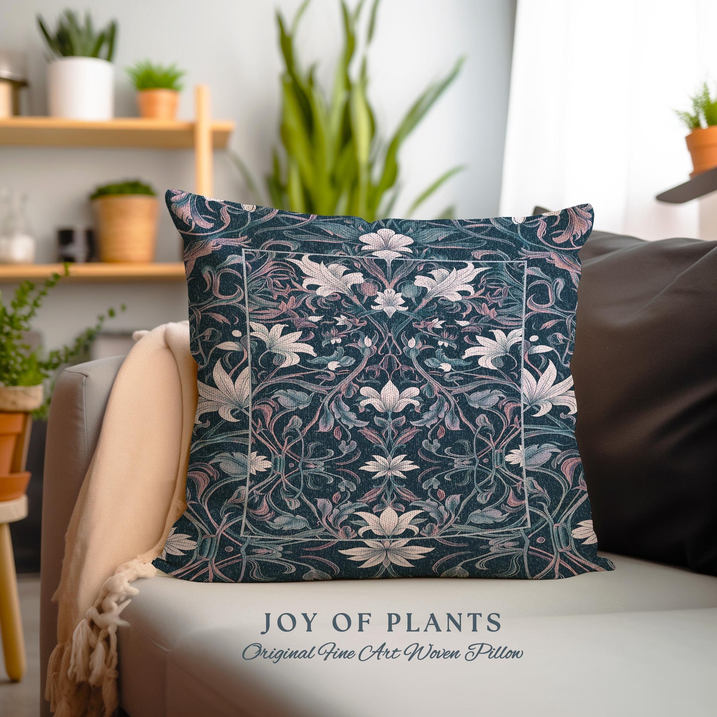 Colorful Floral Throw Pillow Whimsical | Ornate Renaissance Style Art Deco Aesthetic Purple Dark Botanical Tapestry Cushion Morris Inspired