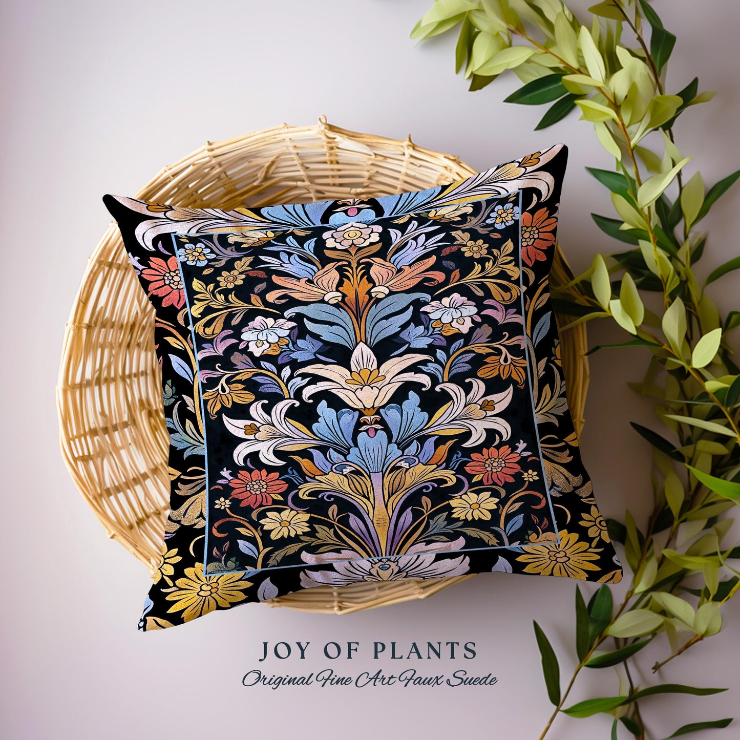 Bohemian Botanical Art Nouveau Floral Pillow Enchanted Forest Flower Motifs, Whimsical Cottagecore Charm Fairycore Inspired Boho Cushion