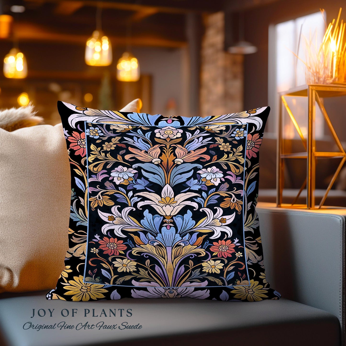 Bohemian Botanical Art Nouveau Floral Pillow Enchanted Forest Flower Motifs, Whimsical Cottagecore Charm Fairycore Inspired Boho Cushion