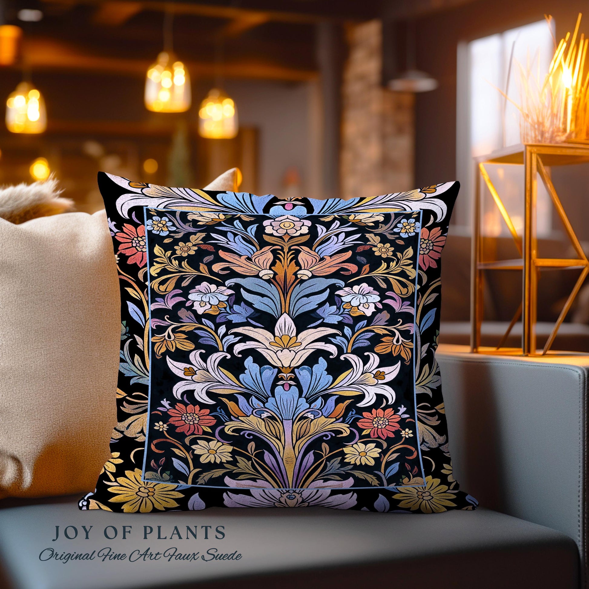 Bohemian Botanical Art Nouveau Floral Pillow Enchanted Forest Flower Motifs, Whimsical Cottagecore Charm Fairycore Inspired Boho Cushion