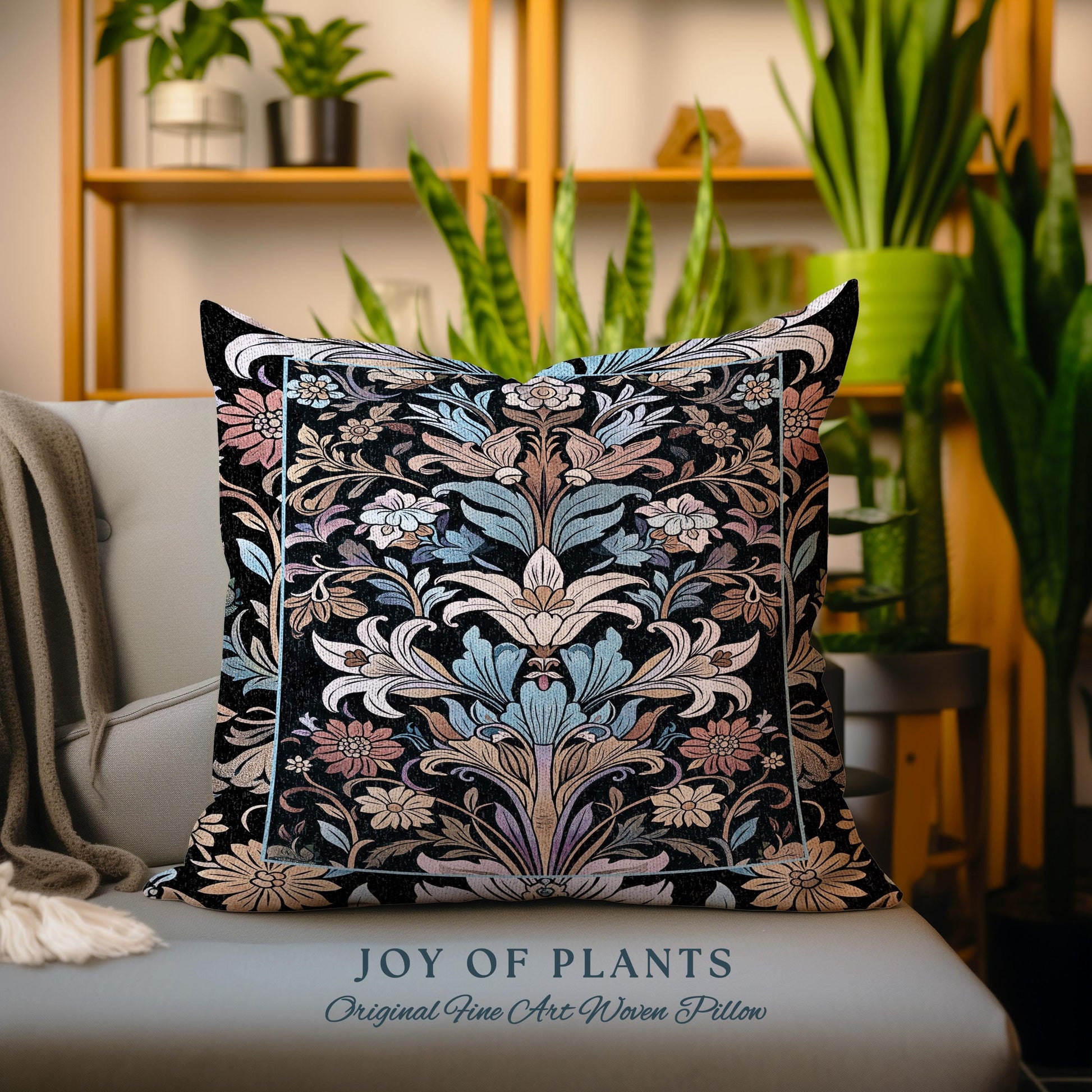 Bohemian Botanical Art Nouveau Floral Pillow Enchanted Forest Flower Motifs, Whimsical Cottagecore Charm Fairycore Inspired Boho Cushion